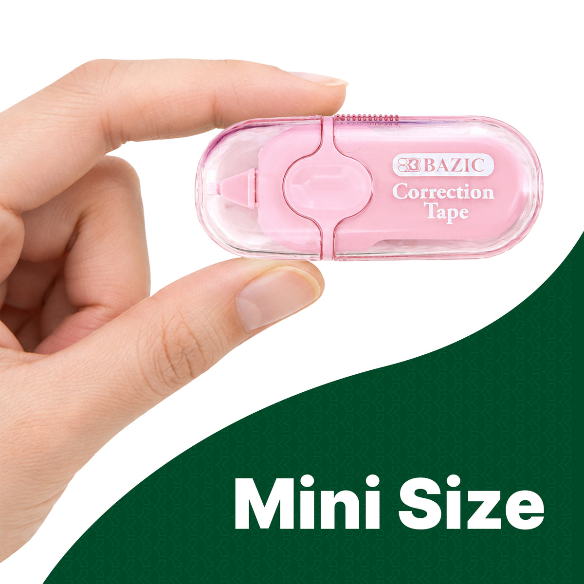 Mini size: pink correction tape with a clear protective cap, held between thumb and finger to show its compact size.