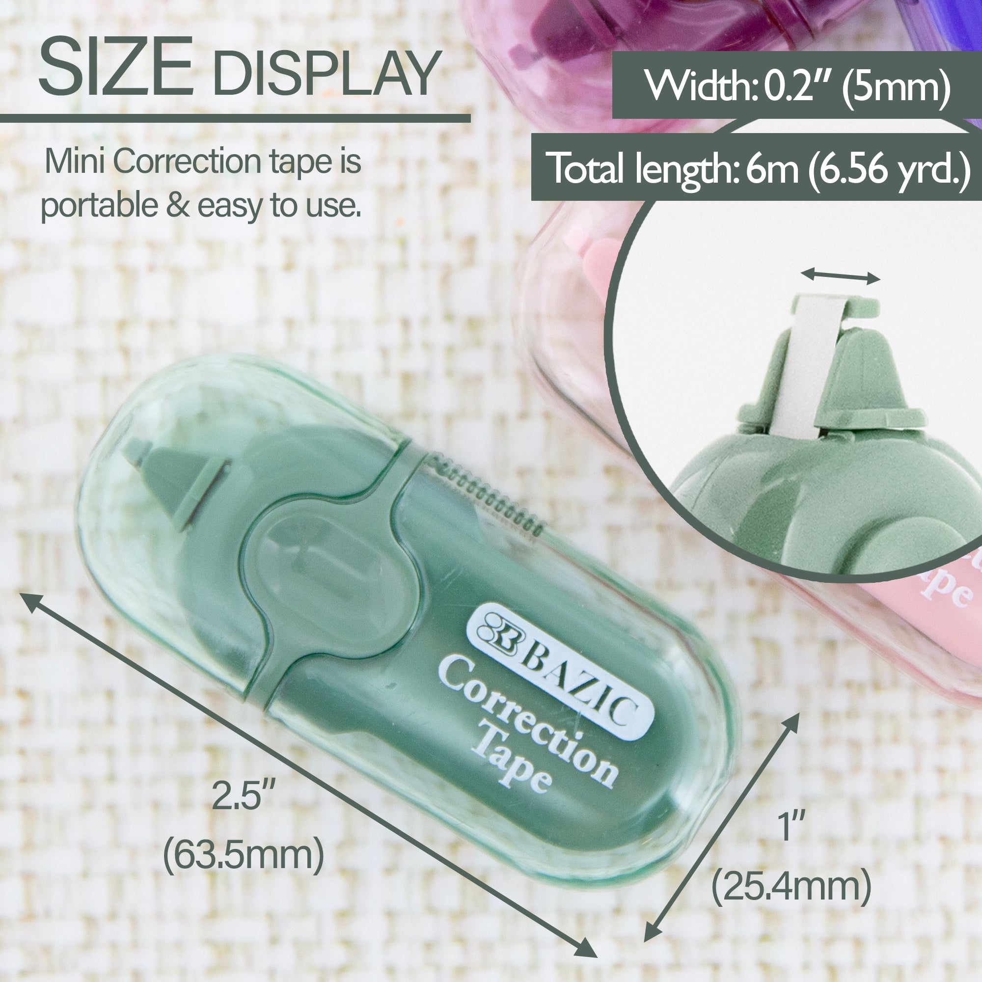 Mini Correction Tape with Cap, 5 mm x 236 in, Dry White Film