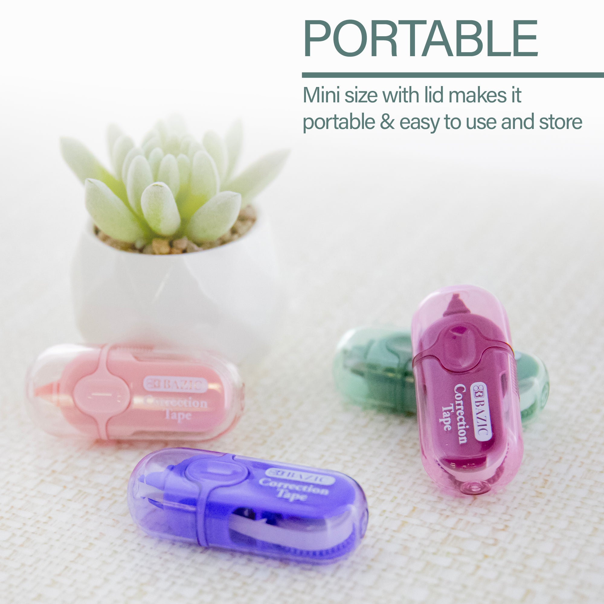 Mini Correction Tape with Cap, 5 mm x 236 in, Dry White Film