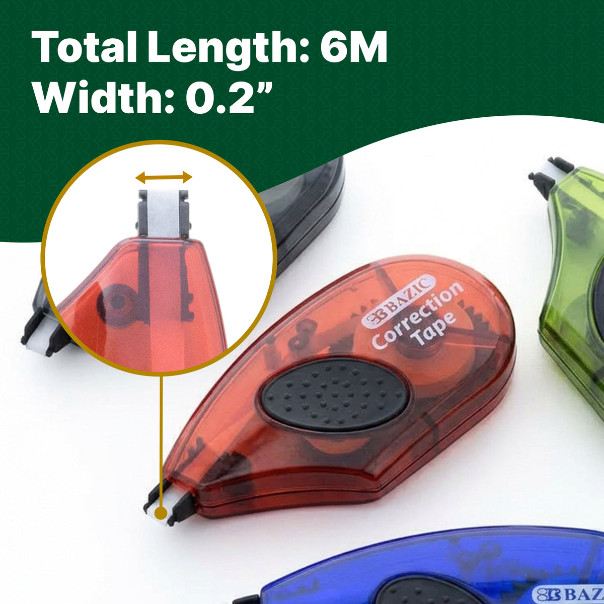 Correction tape with total length of 6 m and width of 0.2 inches; close-up shows the white tape and black grip.
