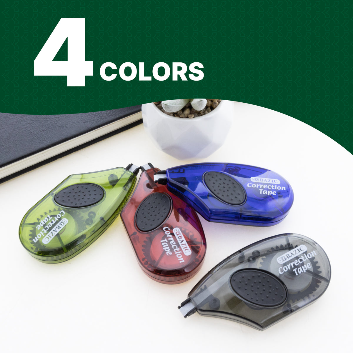 4 colors: translucent green, red, blue and gray correction tape dispensers with textured black grips.