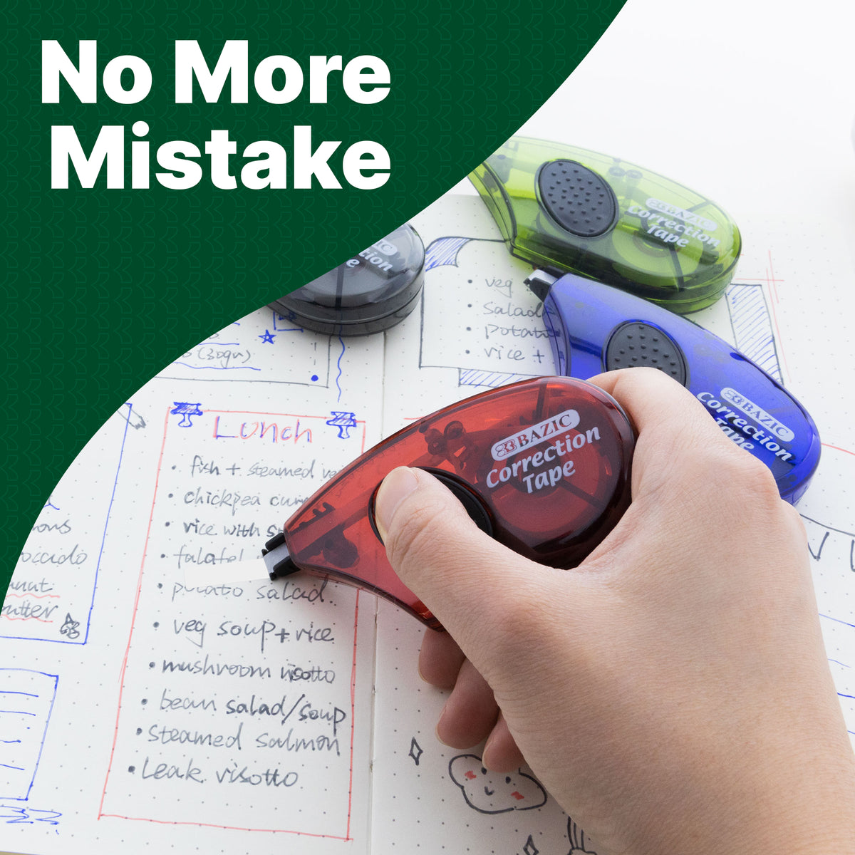 No more mistake. A hand uses red correction tape in a planner, with green, blue and gray dispensers nearby.