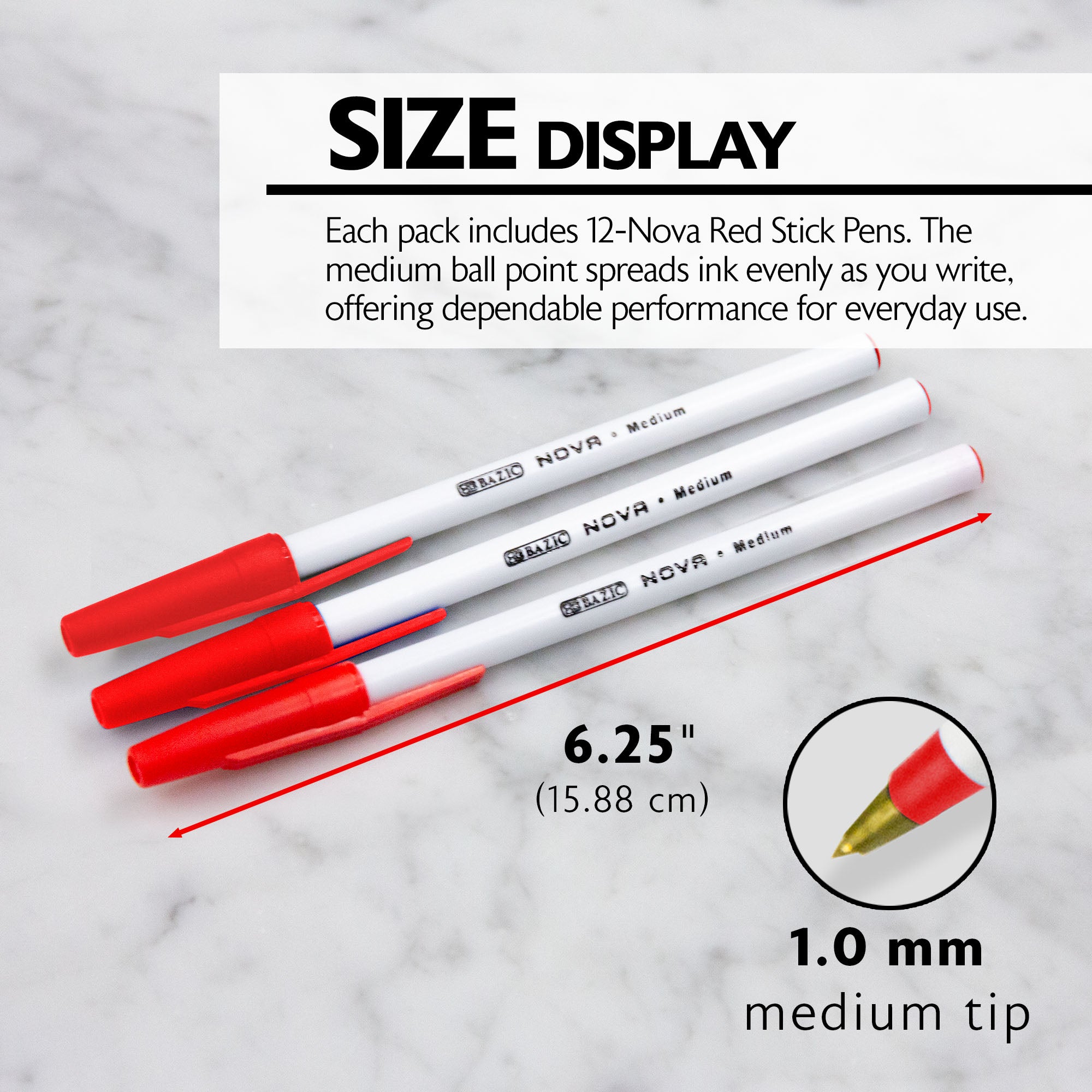 Nova Red Stick Ballpoint Pens, 1.0 mm Medium, 12 Count