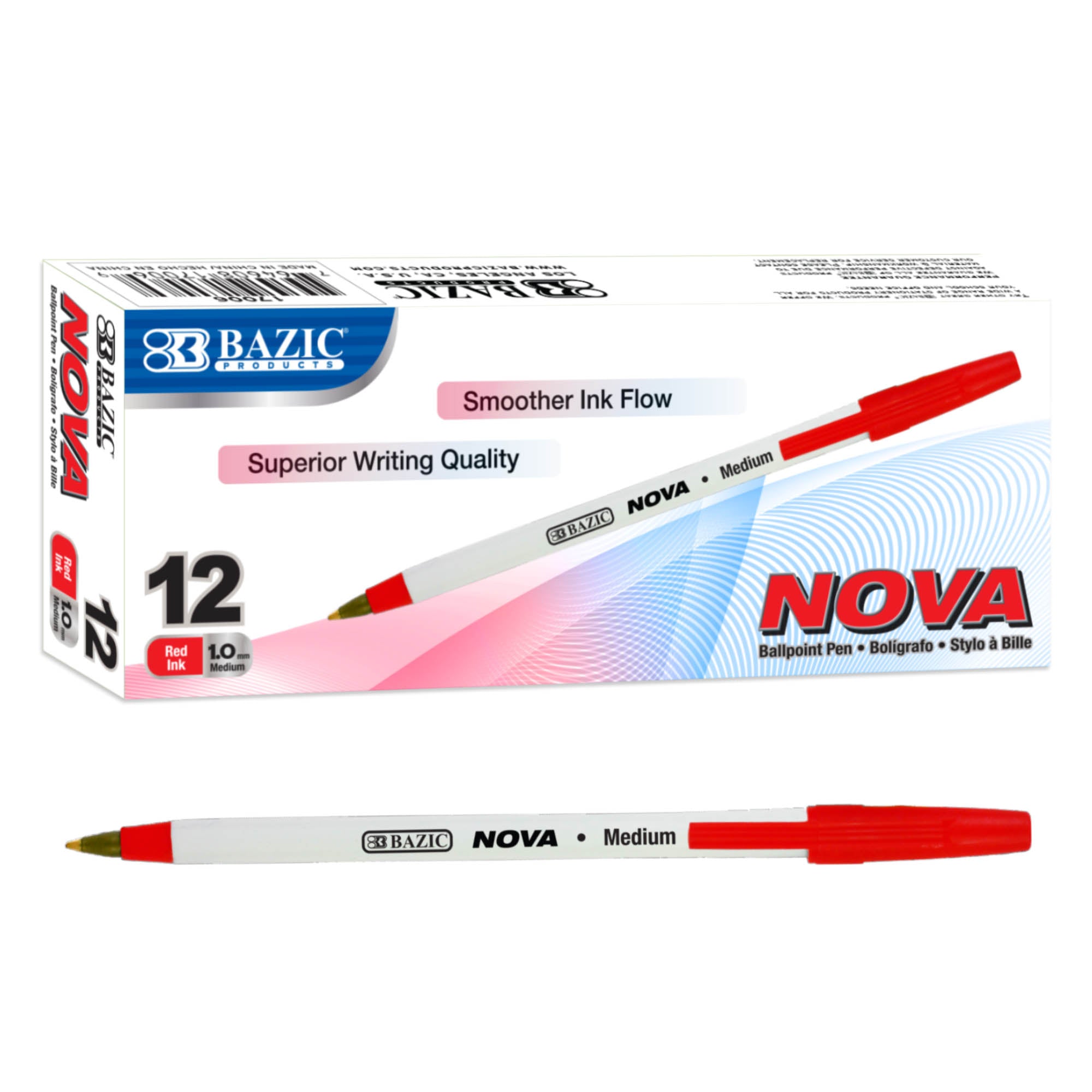 Nova Red Stick Ballpoint Pens, 1.0 mm Medium, 12 Count