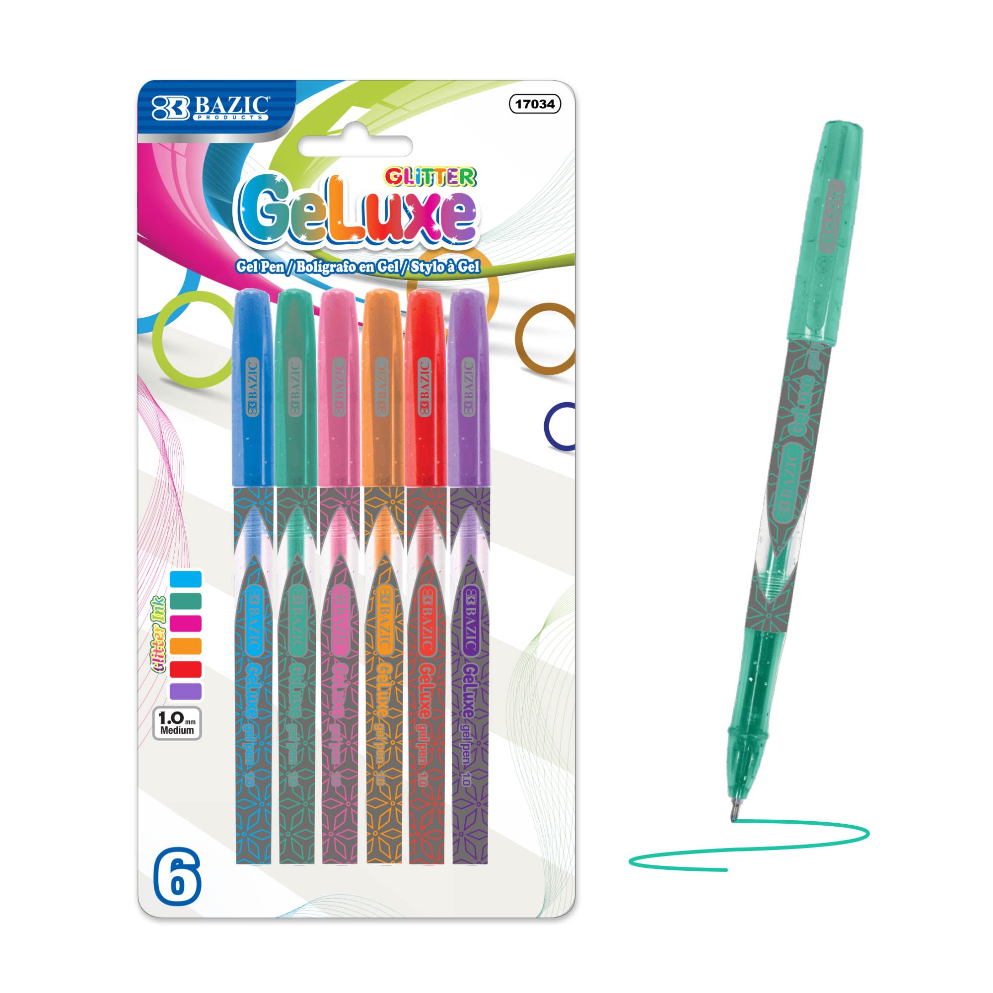 GeLuxe 6 Glitter Colors Gel Pens, 1.0 mm Medium