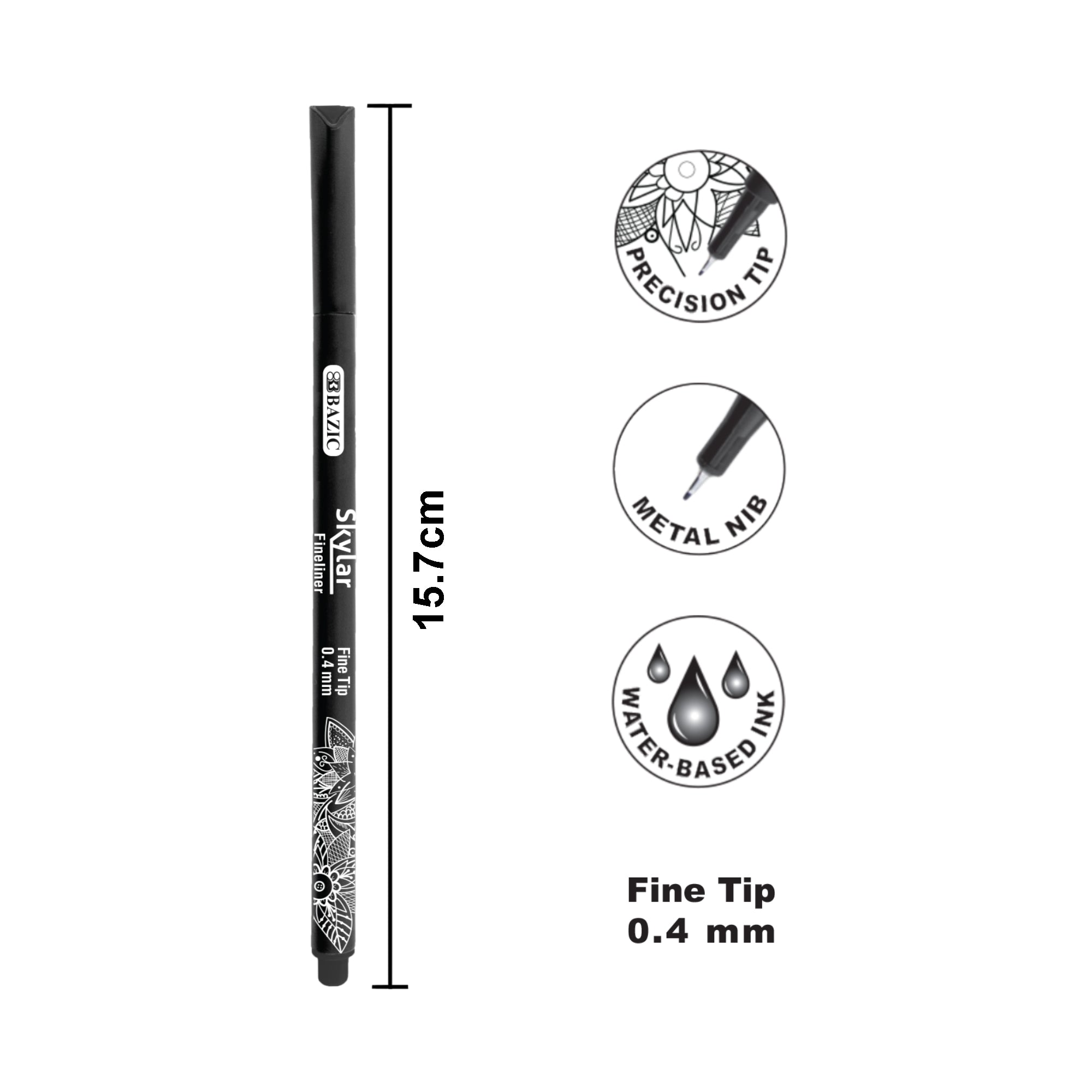 BAZIC Fiero Black Fiber Tip Fineliner Pen, 0.4mm Extra Fine Tip (4/Pack),  1-Pack 