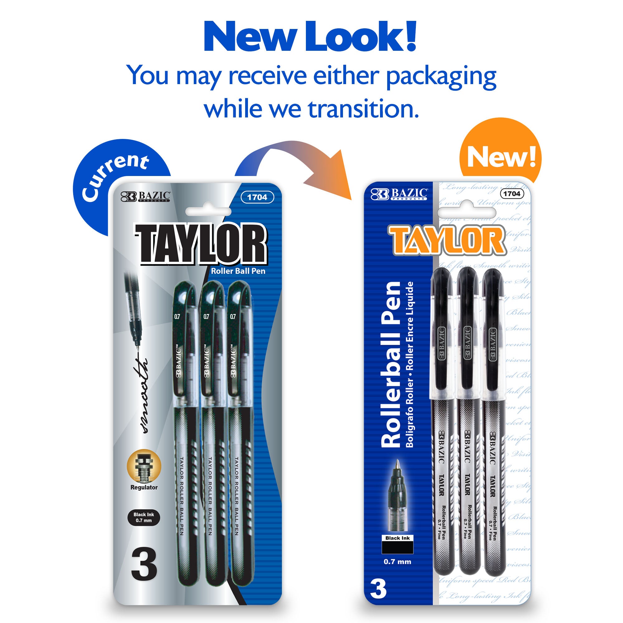 Taylor Black Rollerball Pens, 0.7 mm Fine, 3 Count