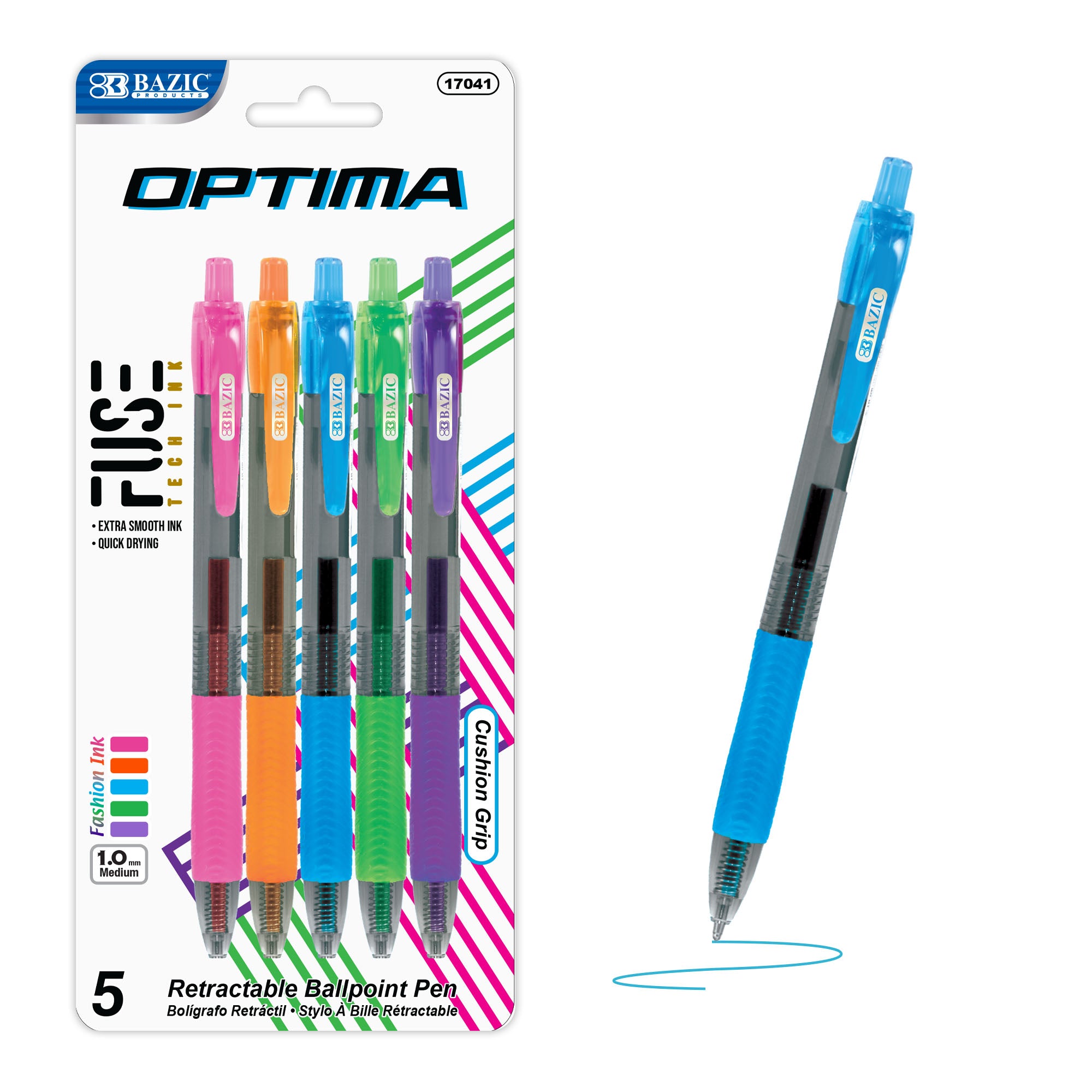 Retractable Ballpoint Pens, 1.0mm, Assorted Ink, 5-Count