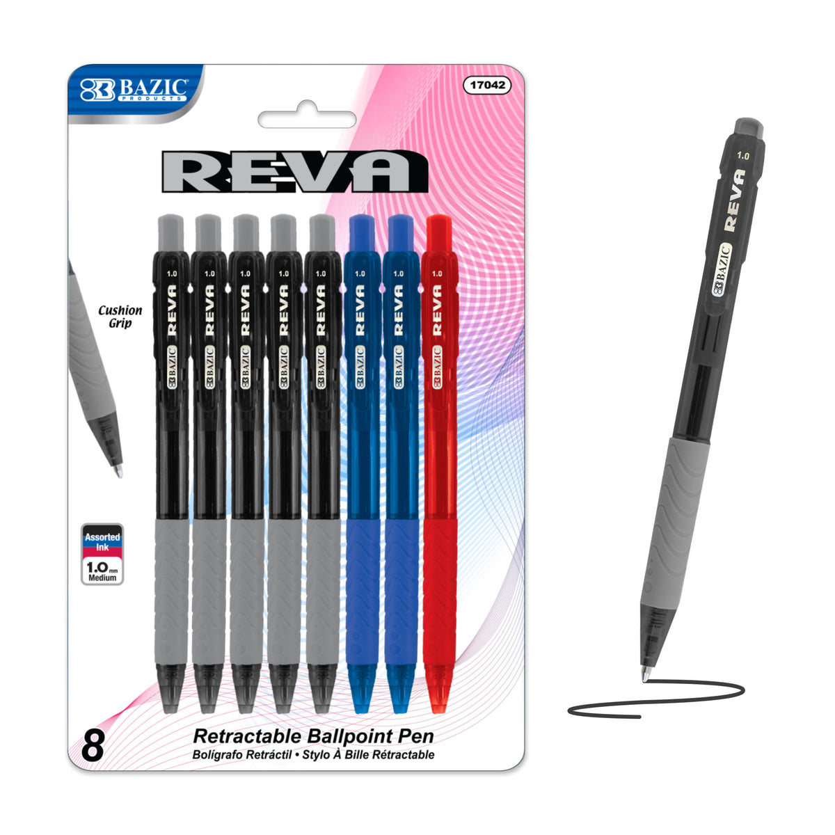 Reva Assorted Ink Retractable Pens, Cushion Grip, 1.0mm