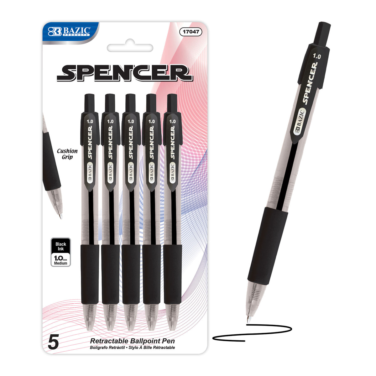 Spencer Black Retractable Pen w/ Cushion Grip