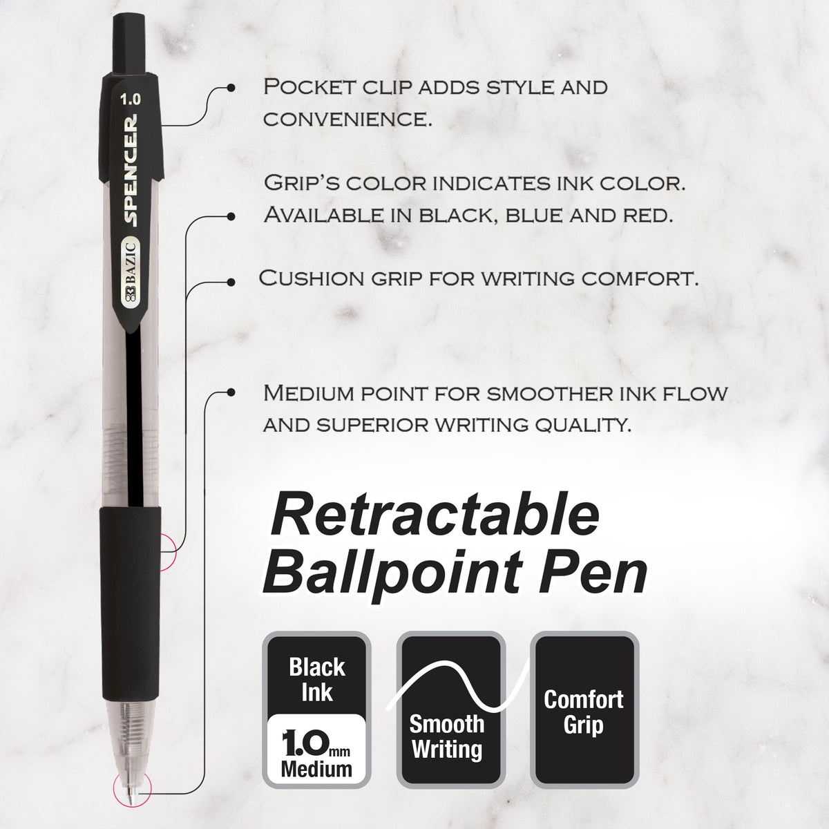 Spencer Black Ink Retractable Pens, Cushion Grip, 1.0mm