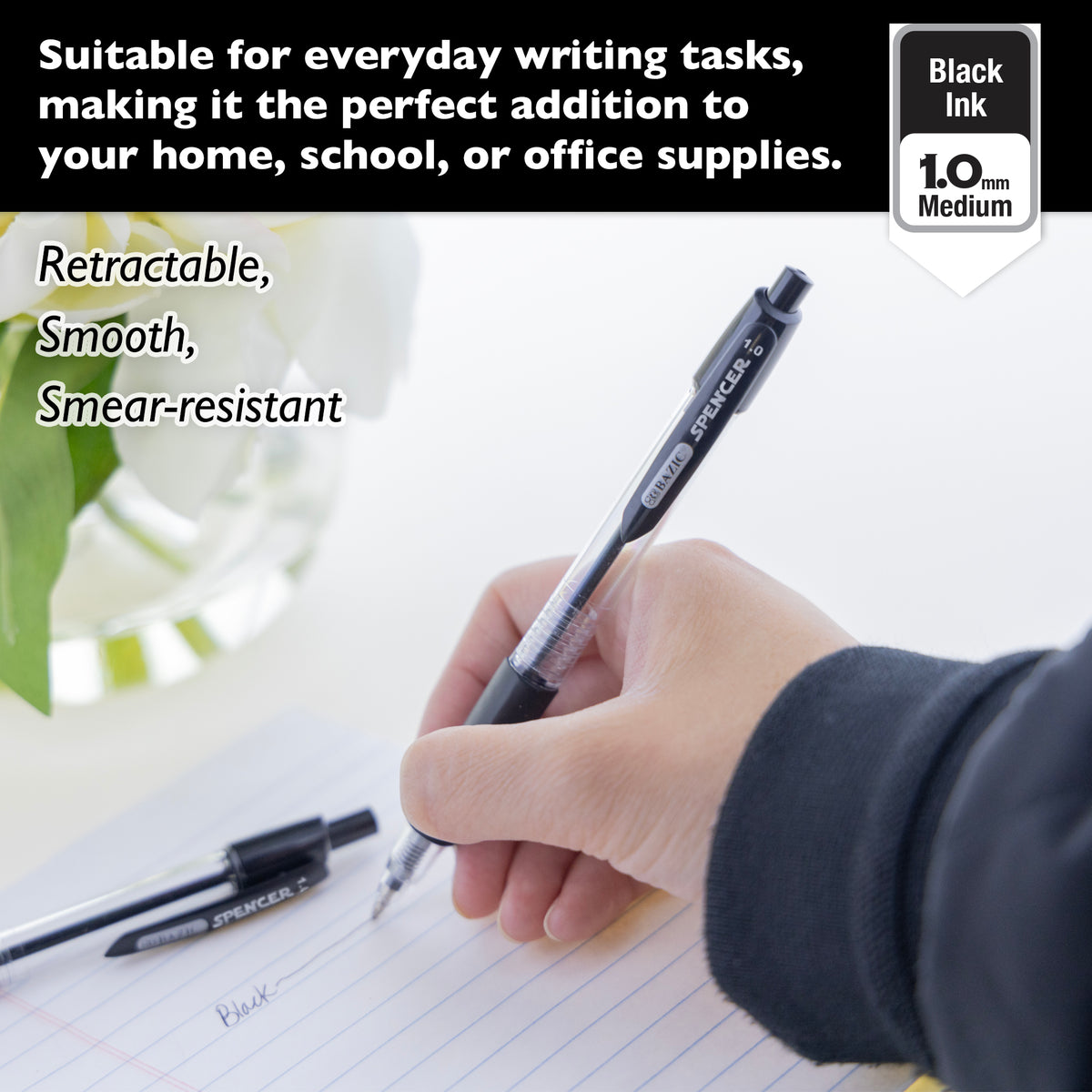 Spencer Black Ink Retractable Pens, Cushion Grip, 1.0mm