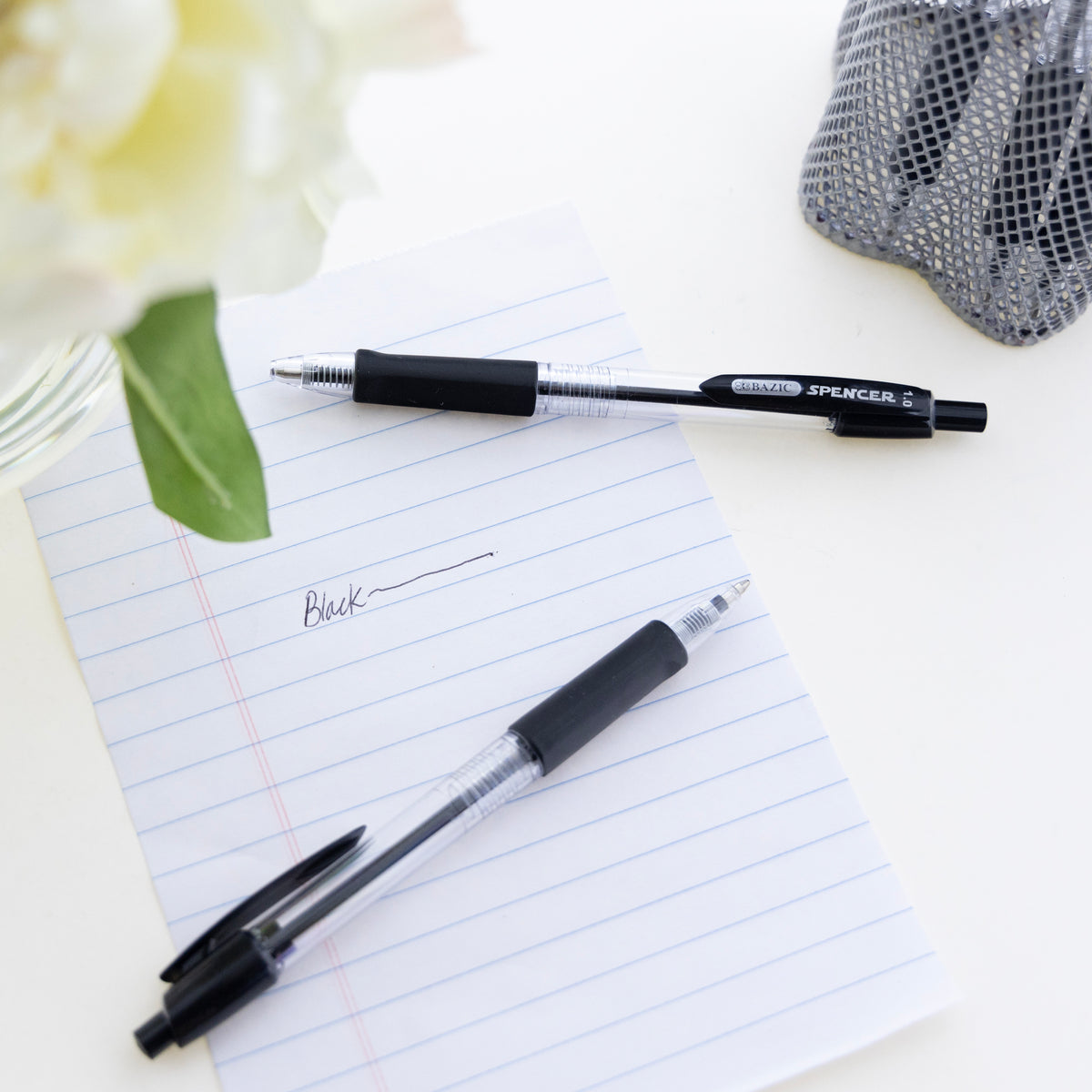 Spencer Black Ink Retractable Pens, Cushion Grip, 1.0mm