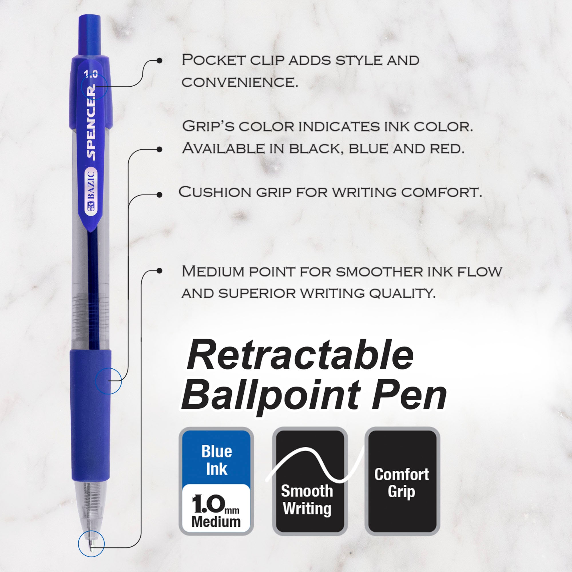 BAZIC Spencer Blue Retractable Pen w/ Cushion Grip (5/Pack