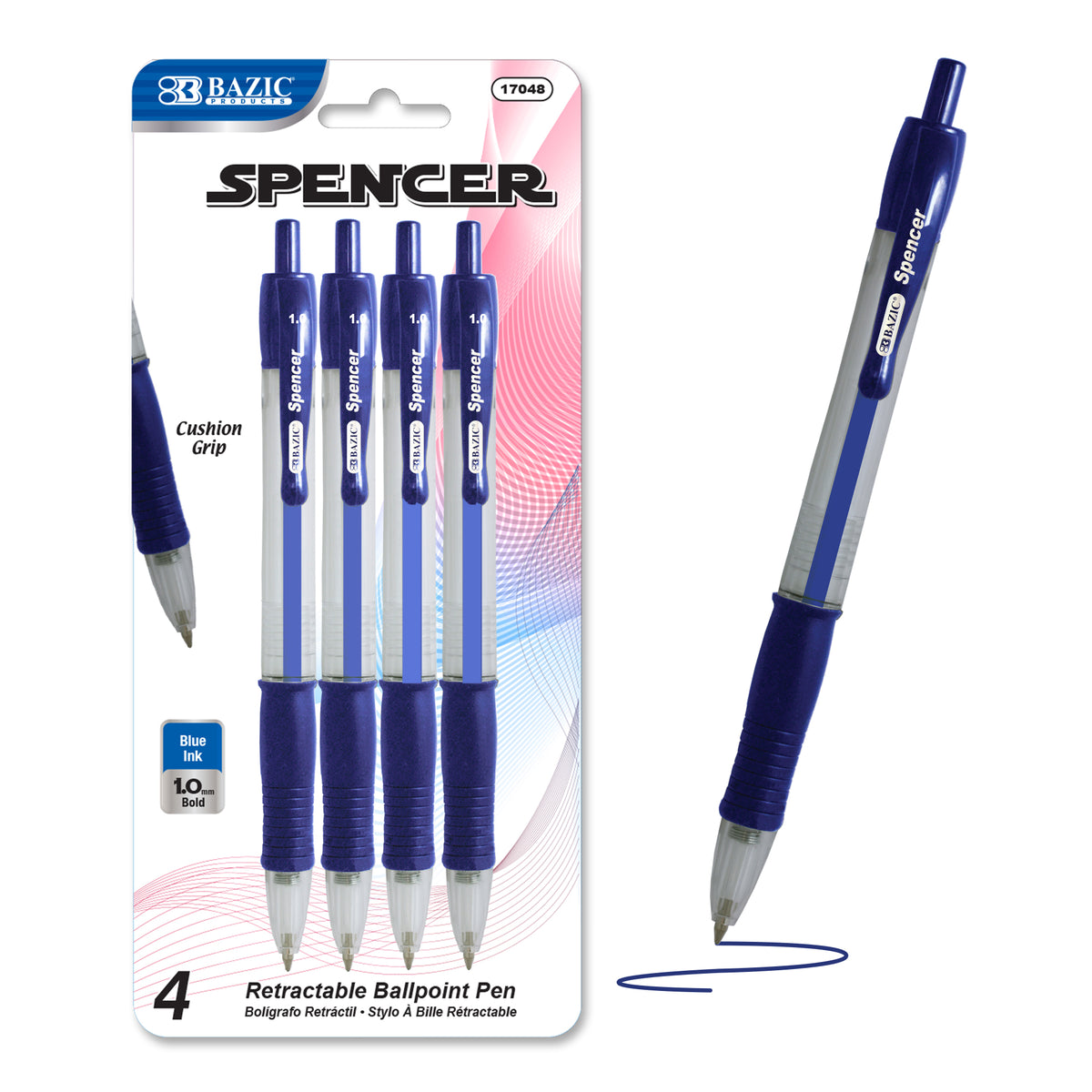Spencer Blue Ink Retractable Pens, Cushion Grip, 1.0mm