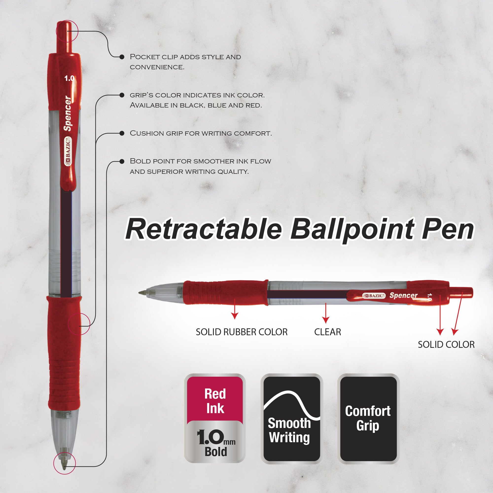 Red Retractable Ballpoint Pens, 5 Count, 1.0 mm Medium