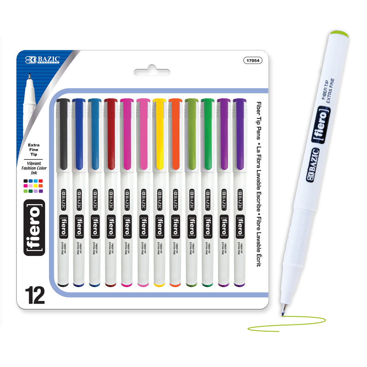 BAZIC Fiero Fineliner Pens, Extra-Fine, 12 Assorted Colors