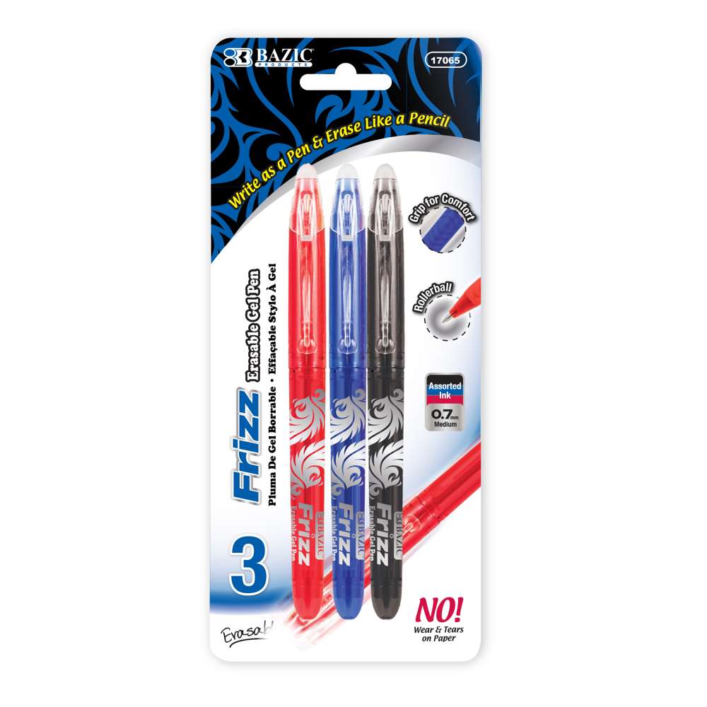 Bazic Frizz Assorted Color Erasable Gel Pen with Grip (3 / Pack)