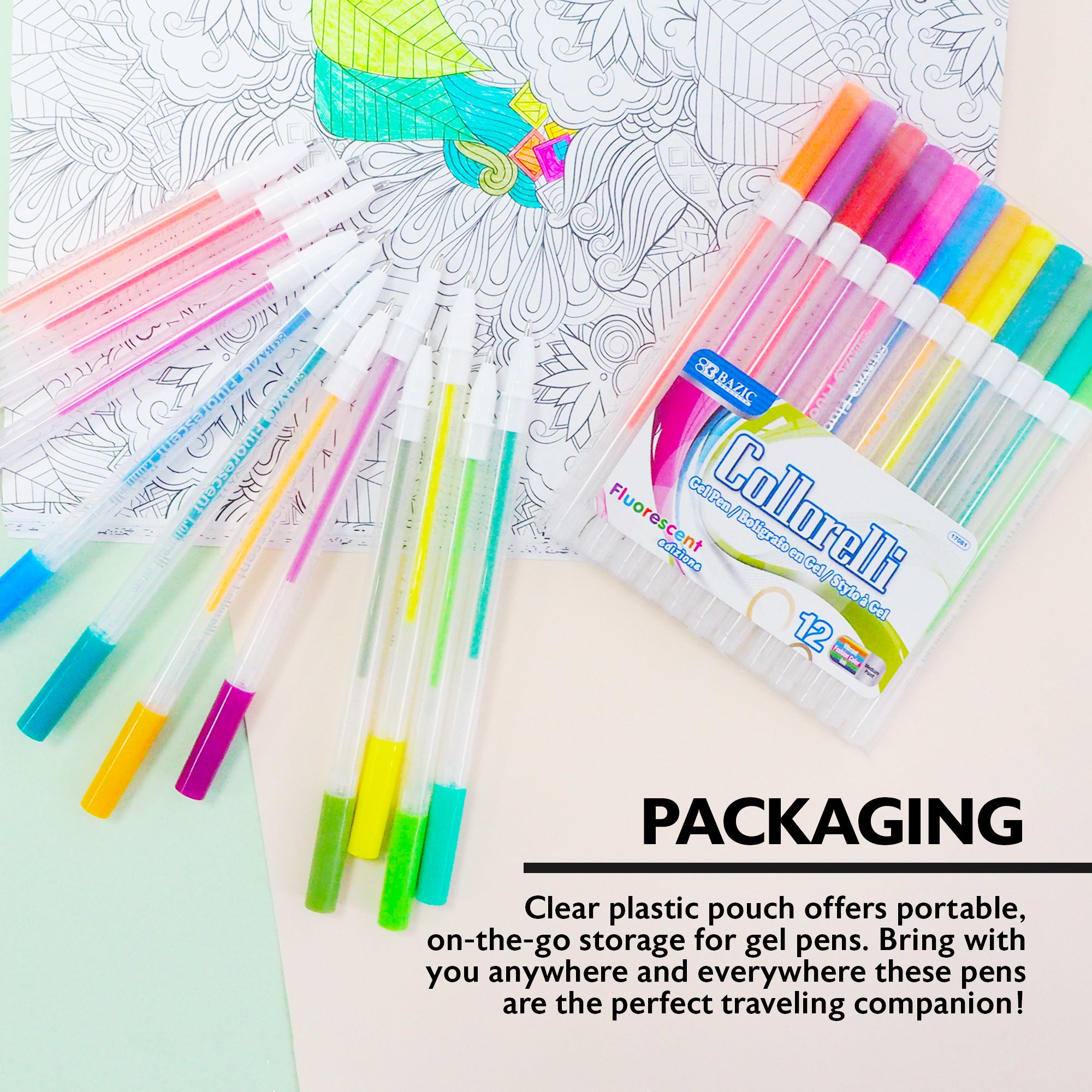 Gel Pens, 12 Fluorescent Colors, Medium Point