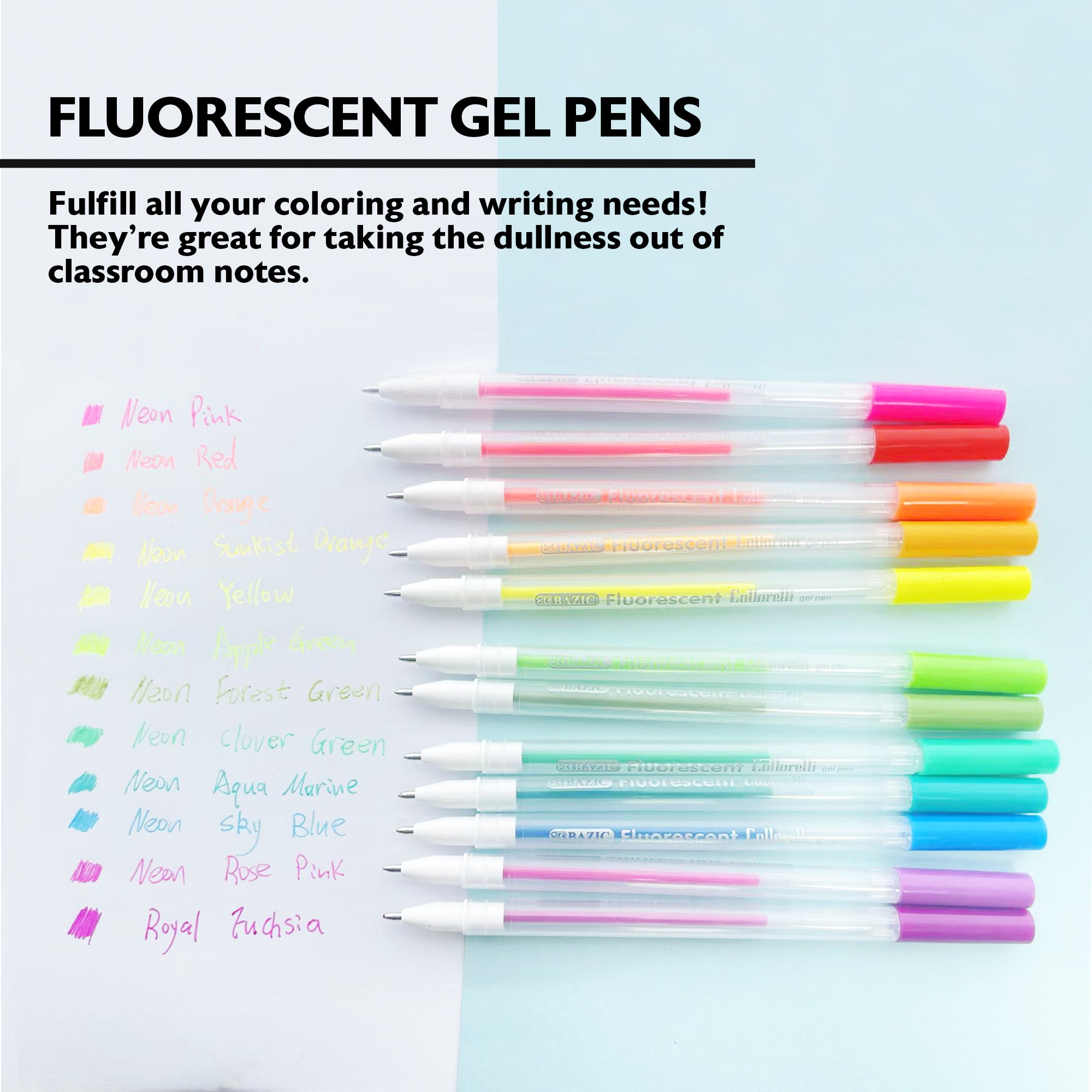 Gel Pens, 12 Fluorescent Colors, Medium Point