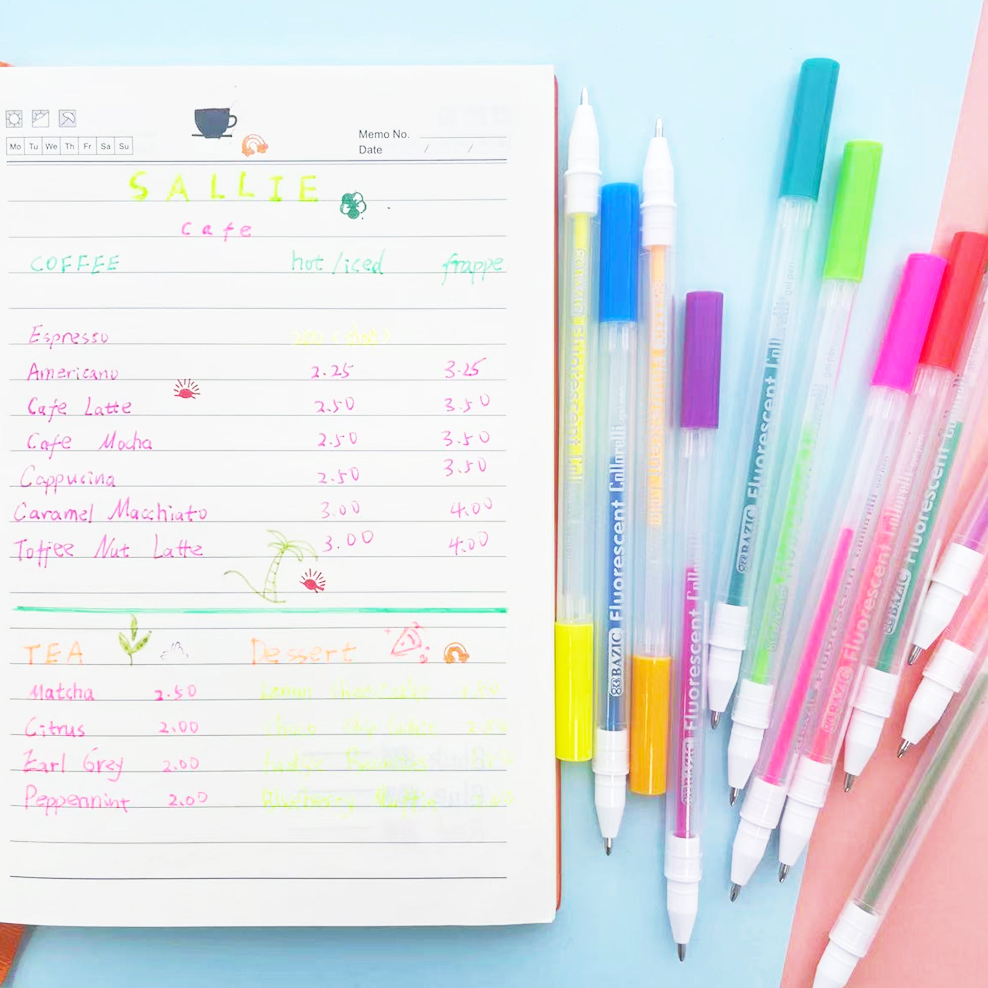 Gel Pens, 12 Fluorescent Colors, Medium Point