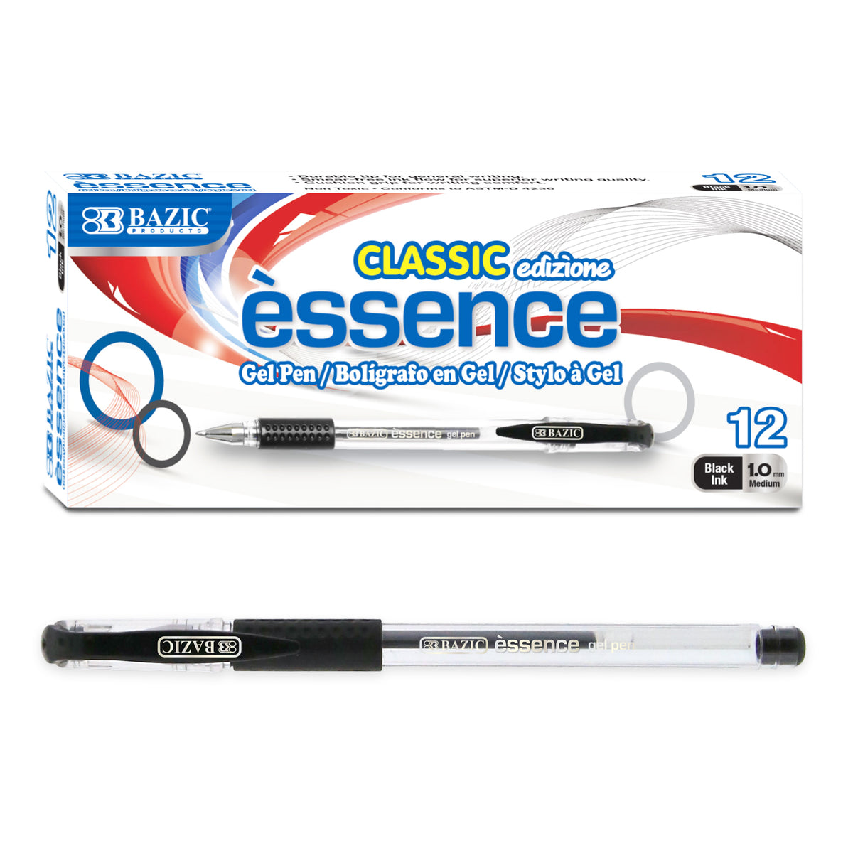 BAZIC Essence Black Gel Pens, Cushion Grip, 1.0mm Medium
