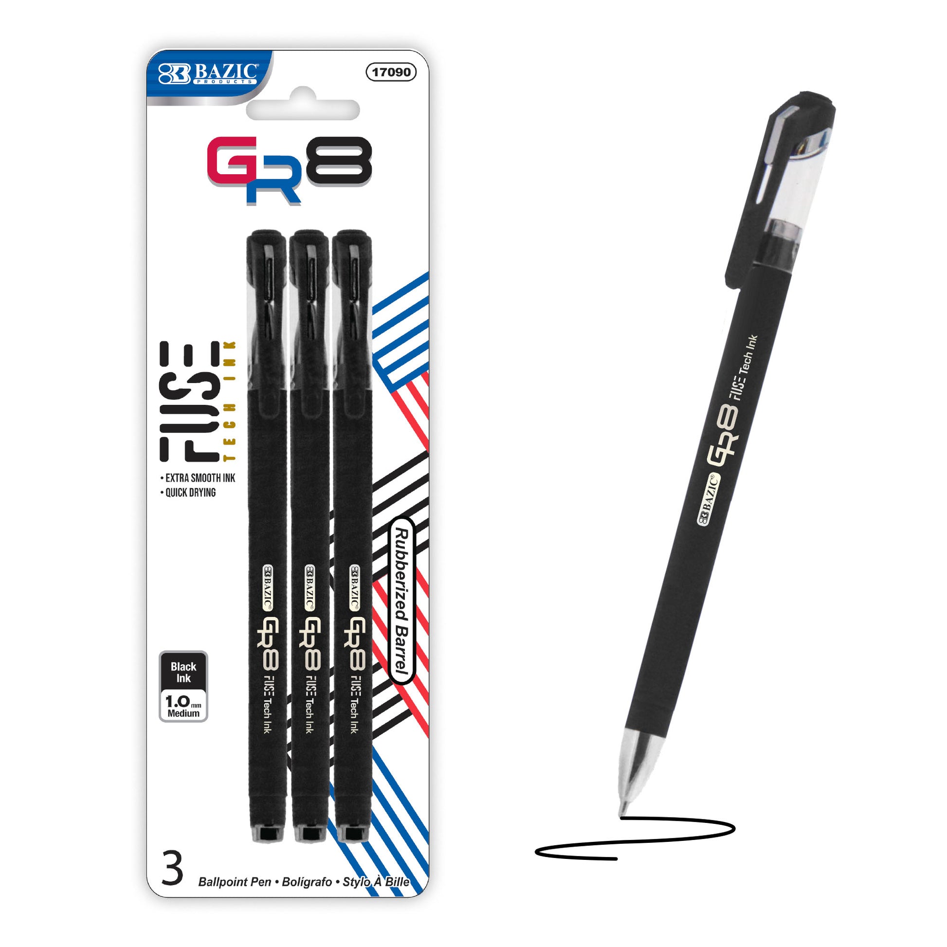 GR8 Black FUSE Tech Ink Pen w/ Rubberized Barrel (3/Pack)