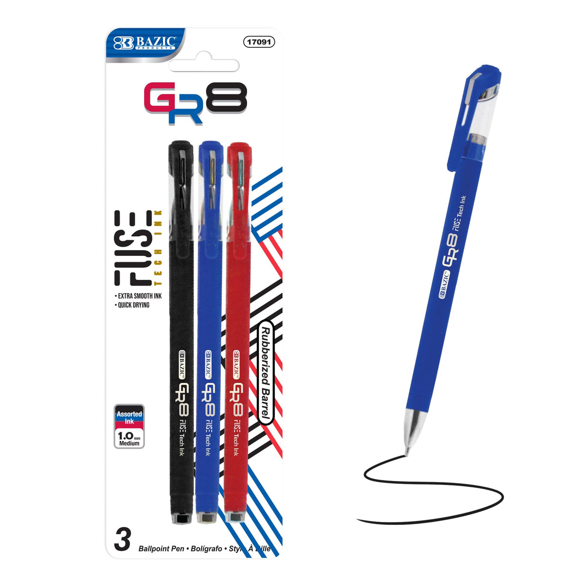 BAZIC GR8 Fuse Ink Ballpoint Pens, Assorted, 1.0 mm