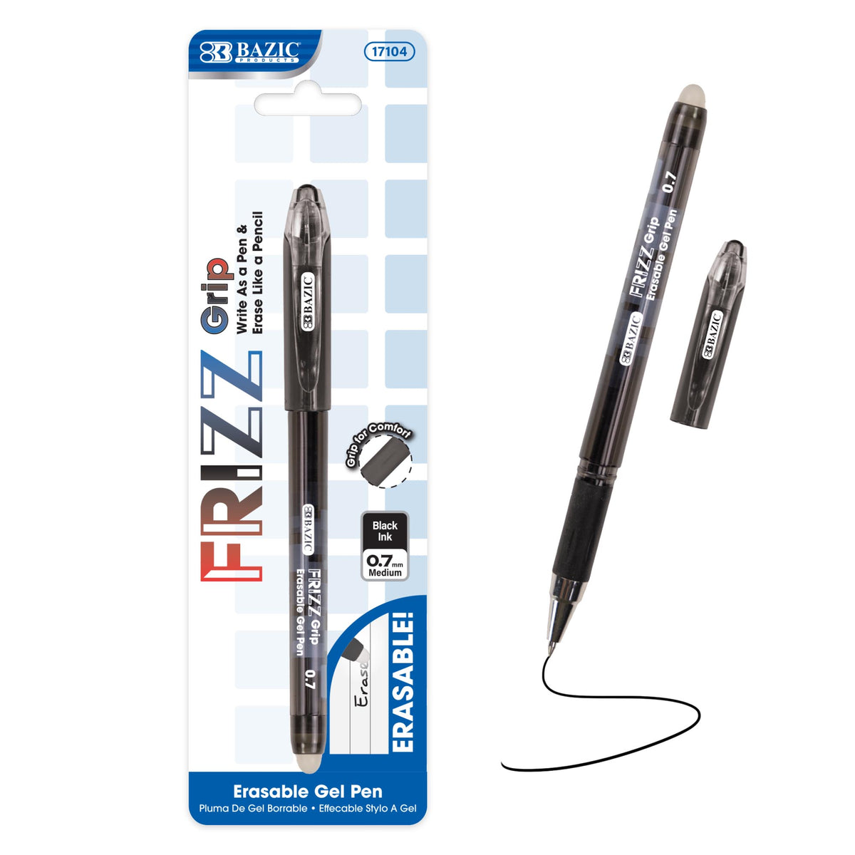 BAZIC Frizz Black Erasable Gel Pen with Grip, 0.7mm Medium