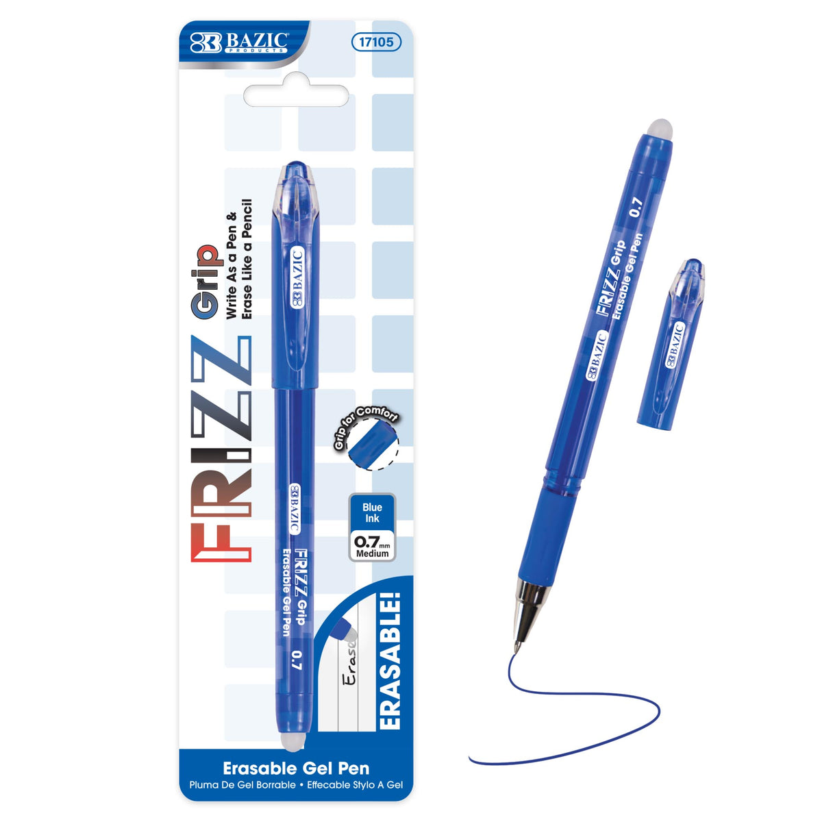 BAZIC Frizz Blue Erasable Gel Pen with Grip, 0.7mm Medium