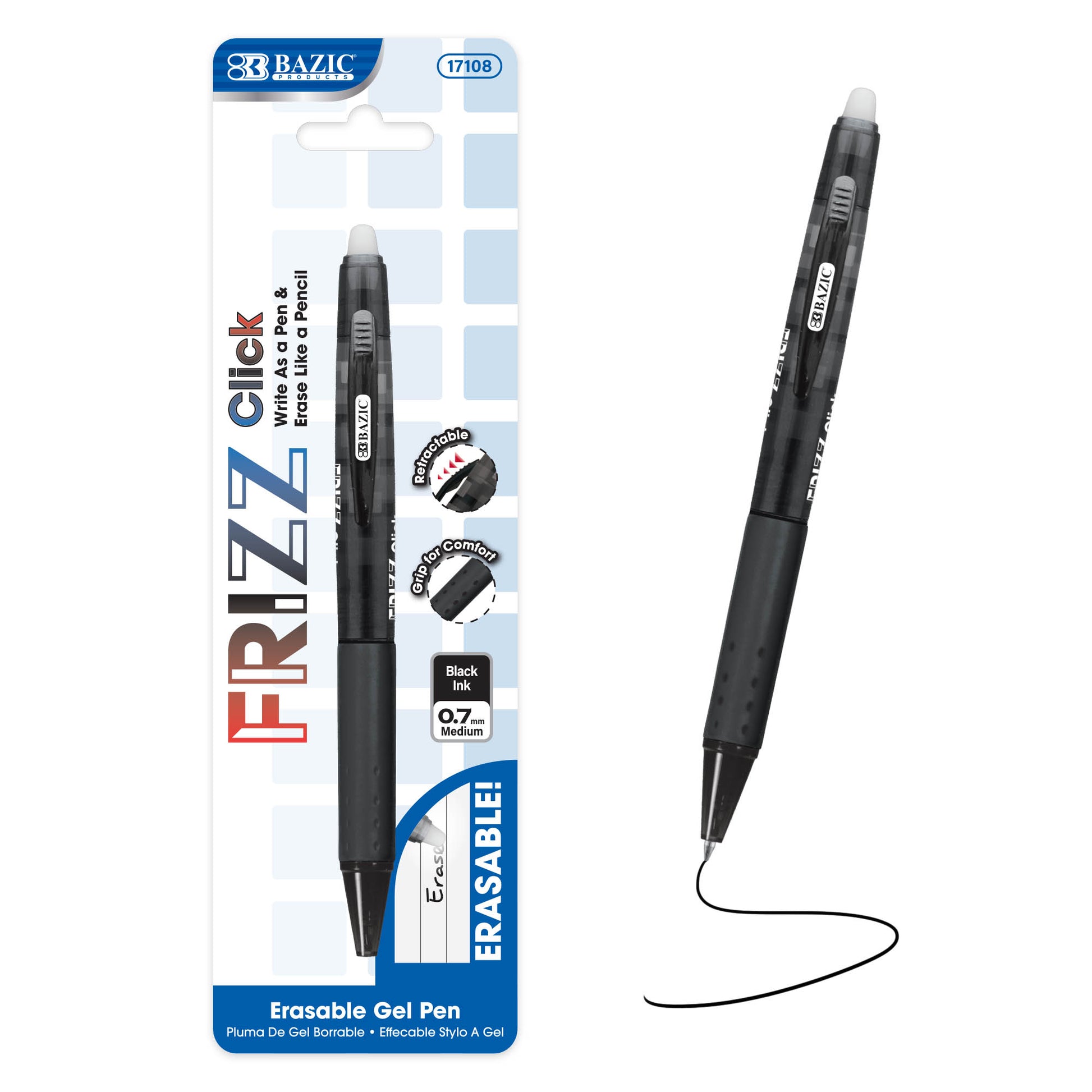 Frizz Black Erasable Gel Retractable Pen with Grip