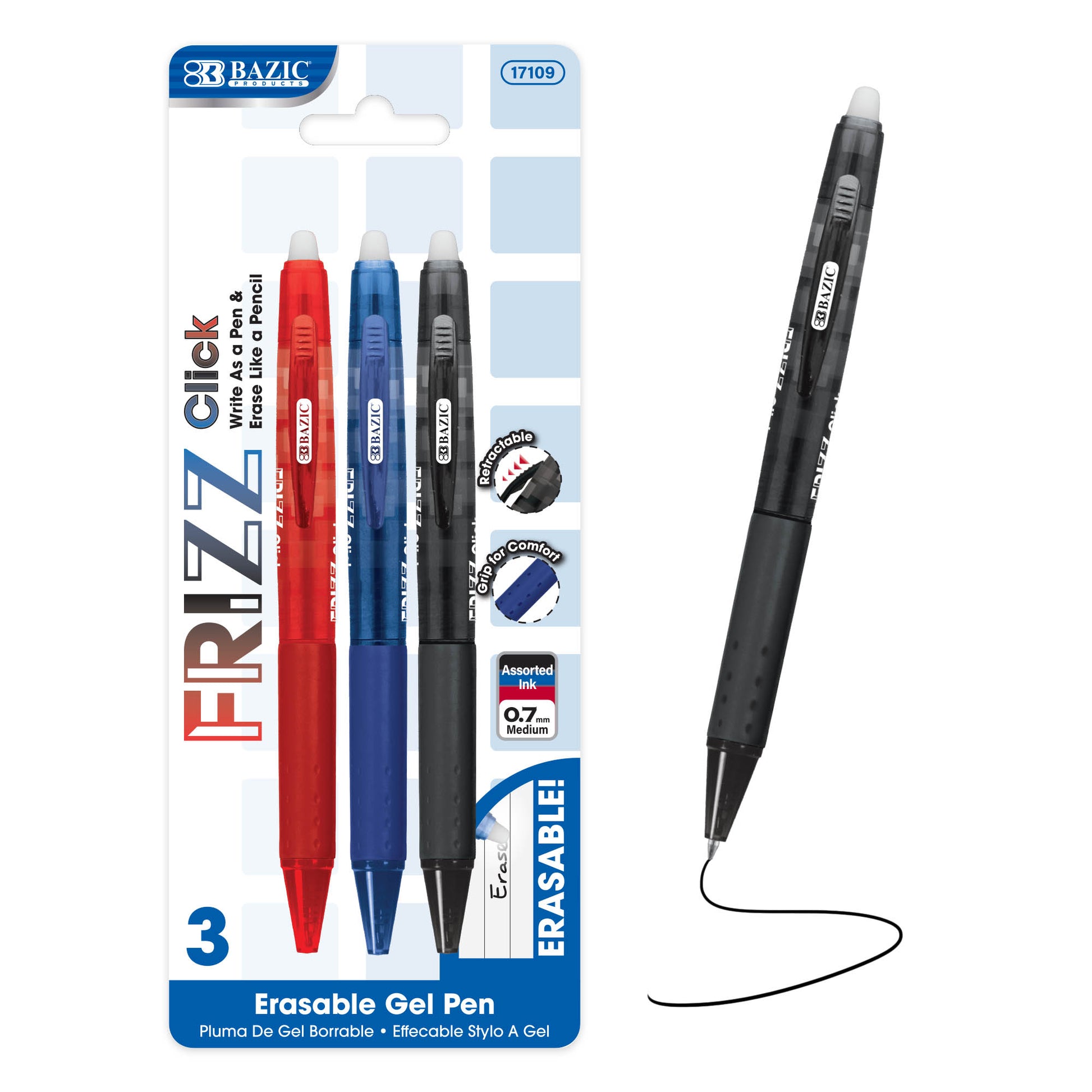 Frizz Assorted Color Erasable Gel Retractable Pen with Grip
