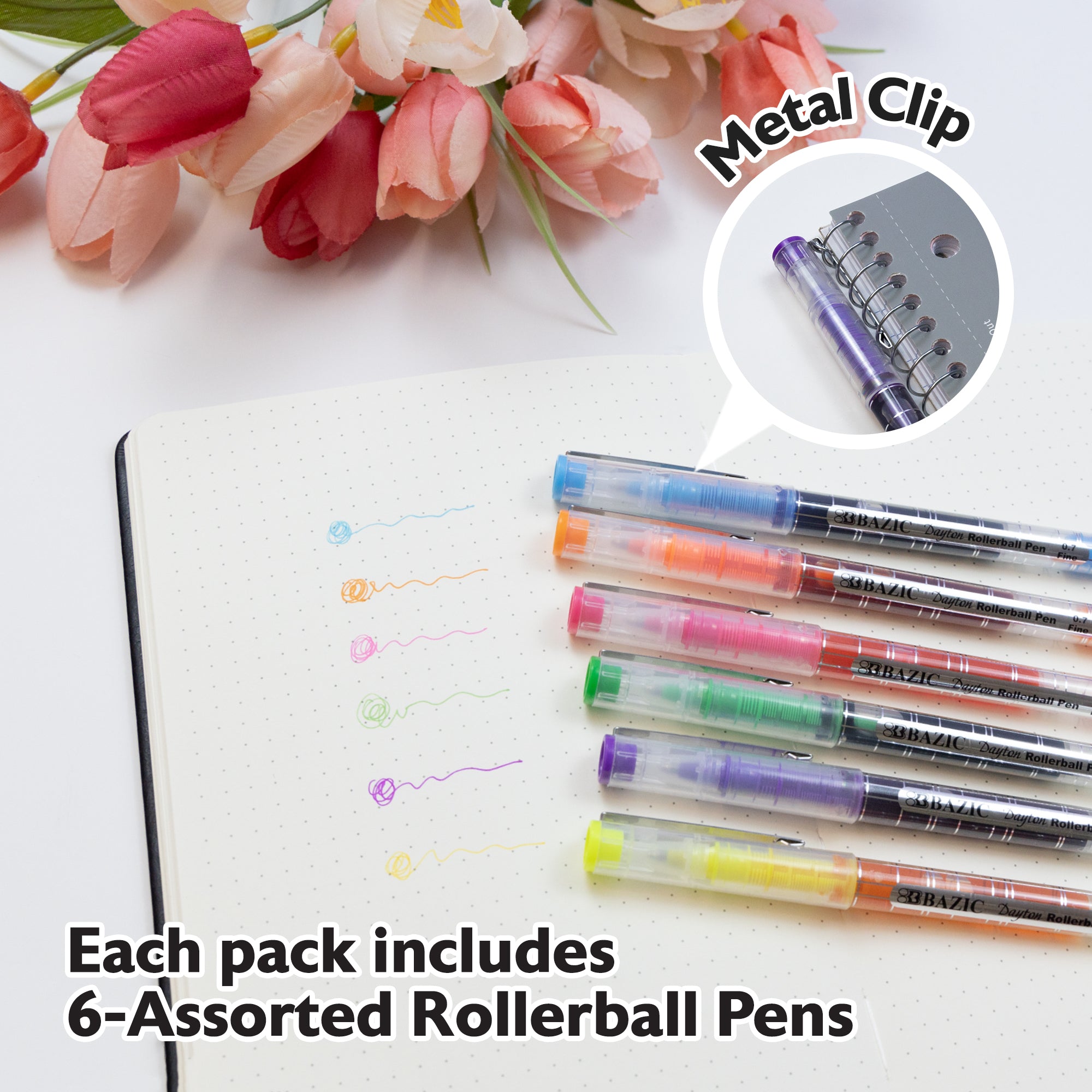 Dayton 6-Color Rollerball Pens, 0.7 mm Fine, Metal Clip
