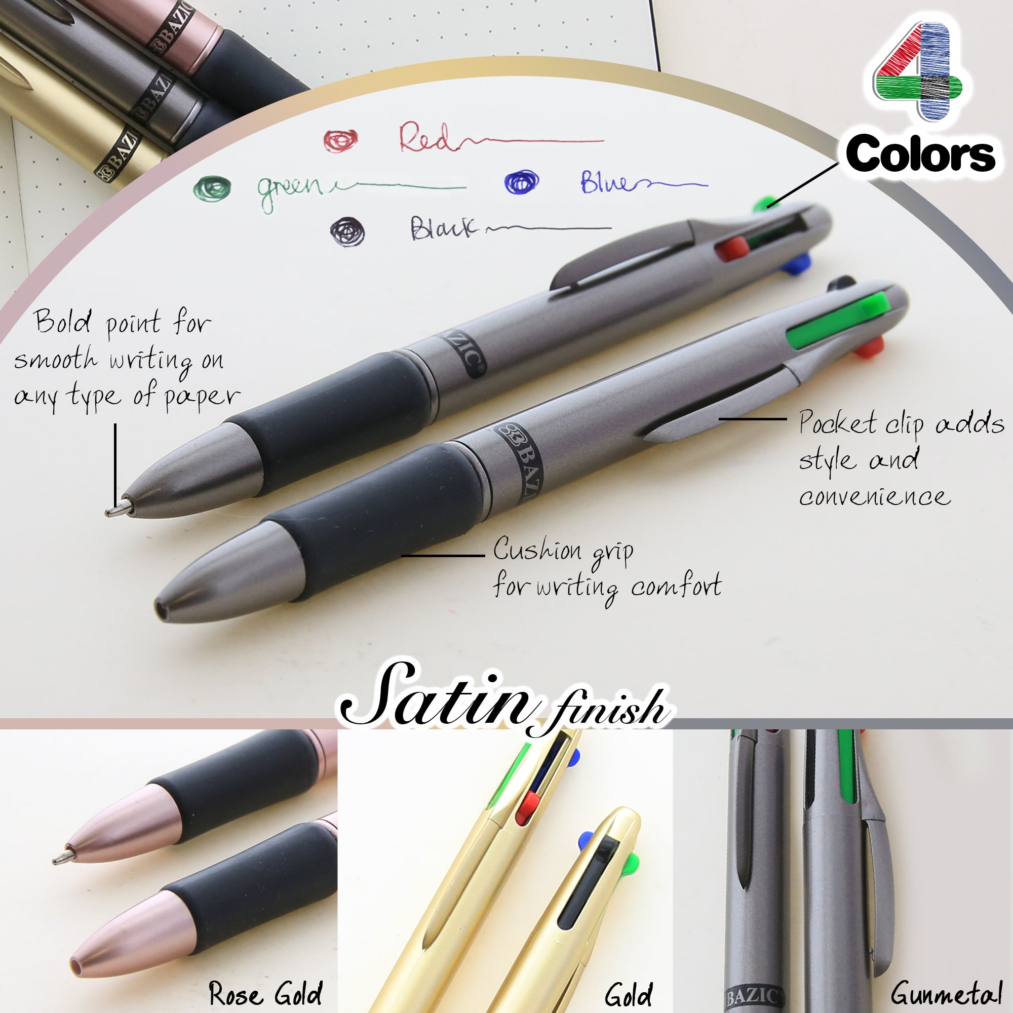 Bazic Satin Top 4-Color Pen w/ Cushion Grip (2/Pack) Box - 24 Units @ per Unit