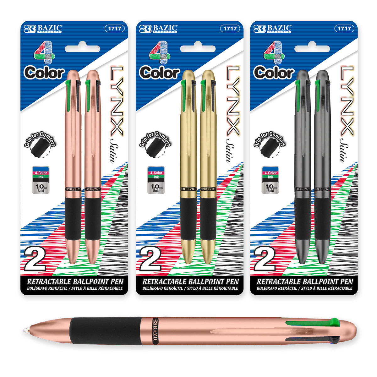 BAZIC Lynx 4-Color Pens, Satin Top, Cushion Grip, 1.0mm