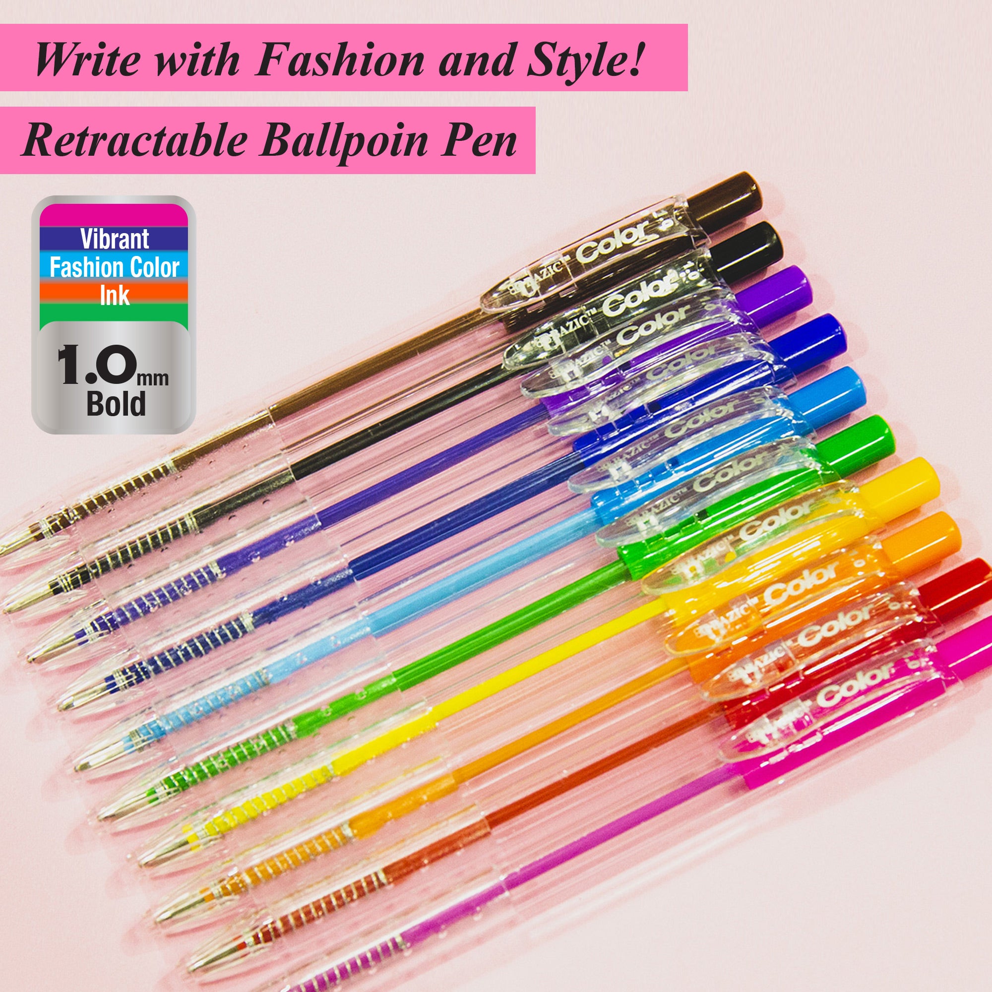 Color Retractable Ballpoint Pens, 1.0mm Bold, 10-Count