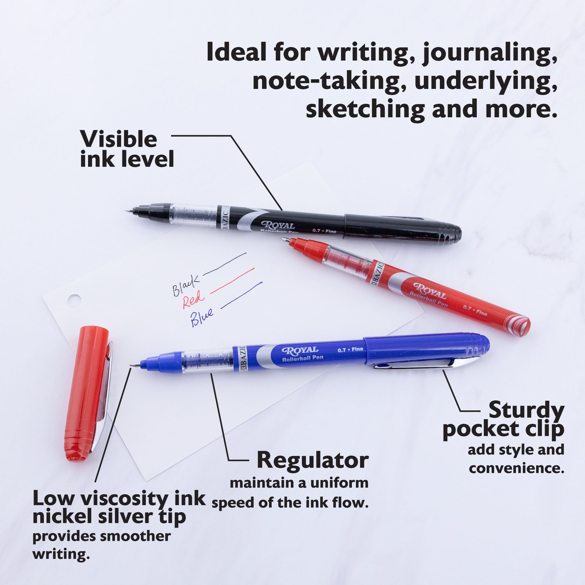 Royal Assorted Rollerball Pens, 0.7 mm Fine, 3 Count