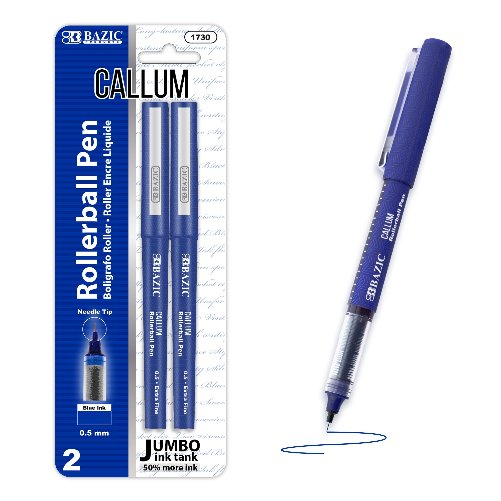 BAZIC Callum Blue Jumbo Ink Tank Needle-Tip Rollerball Pen (2/Pack