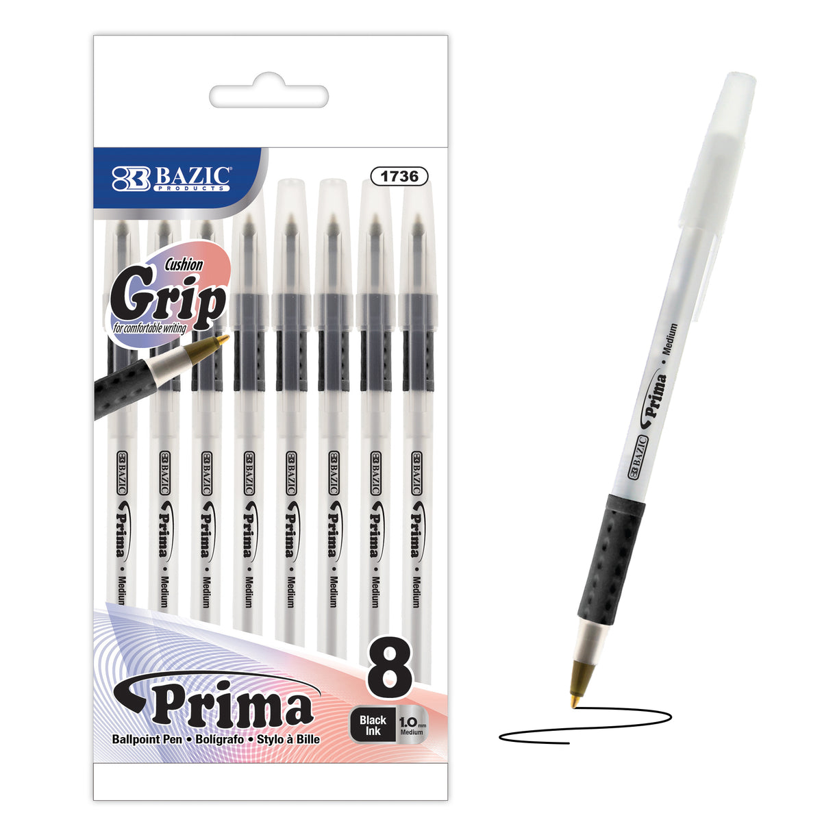 BAZIC Prima Black Ink Stick Pens, Cushion Grip, 1.0mm