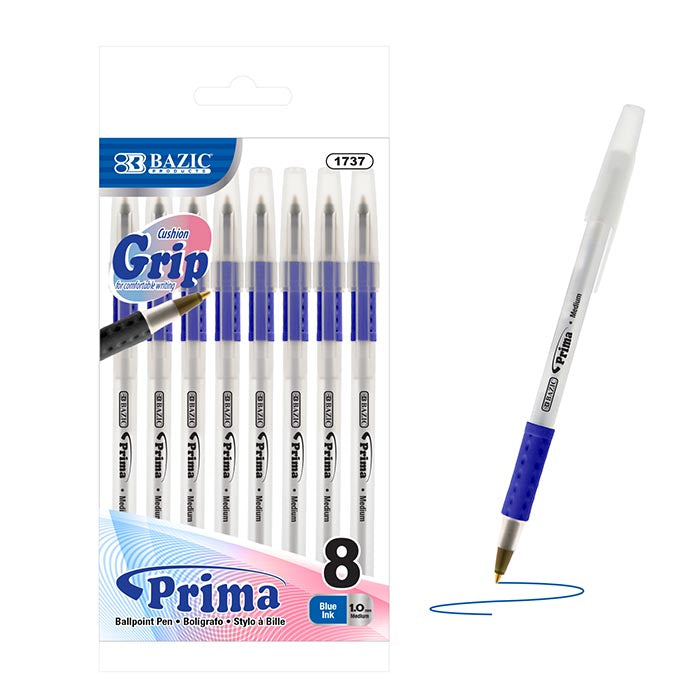 Prima Blue Stick Ballpoint Pens, 1.0 mm Medium, 8 Count