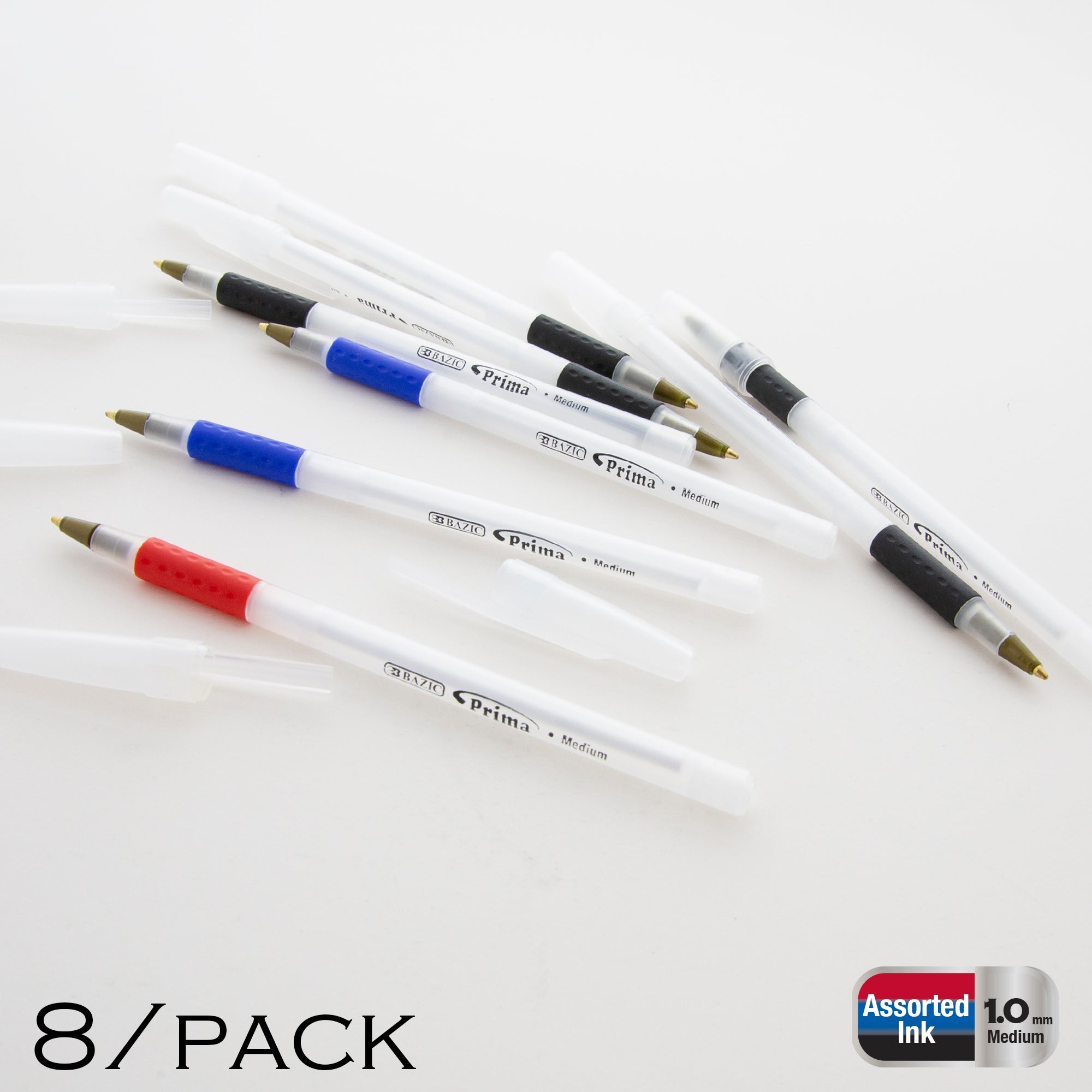 Prima Assorted Stick Ballpoint Pens, 1.0 mm Medium, 8 Count