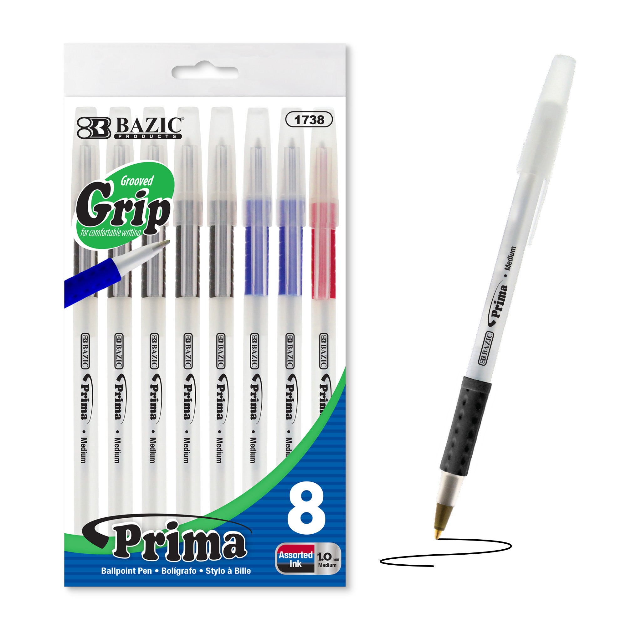 Prima Assorted Stick Ballpoint Pens, 1.0 mm Medium, 8 Count
