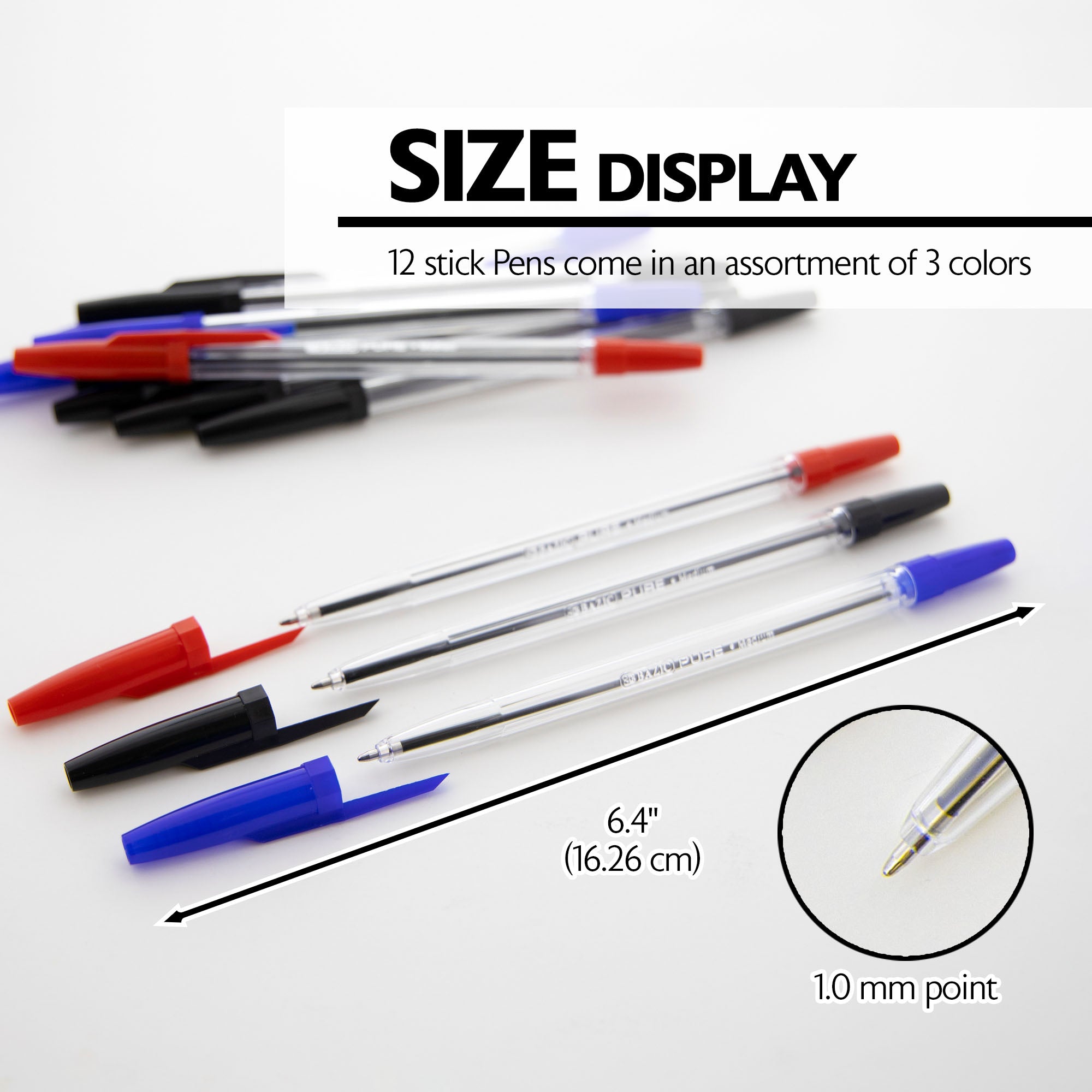 Pure Assorted Stick Ballpoint Pens, 1.0 mm Medium, 12 Count