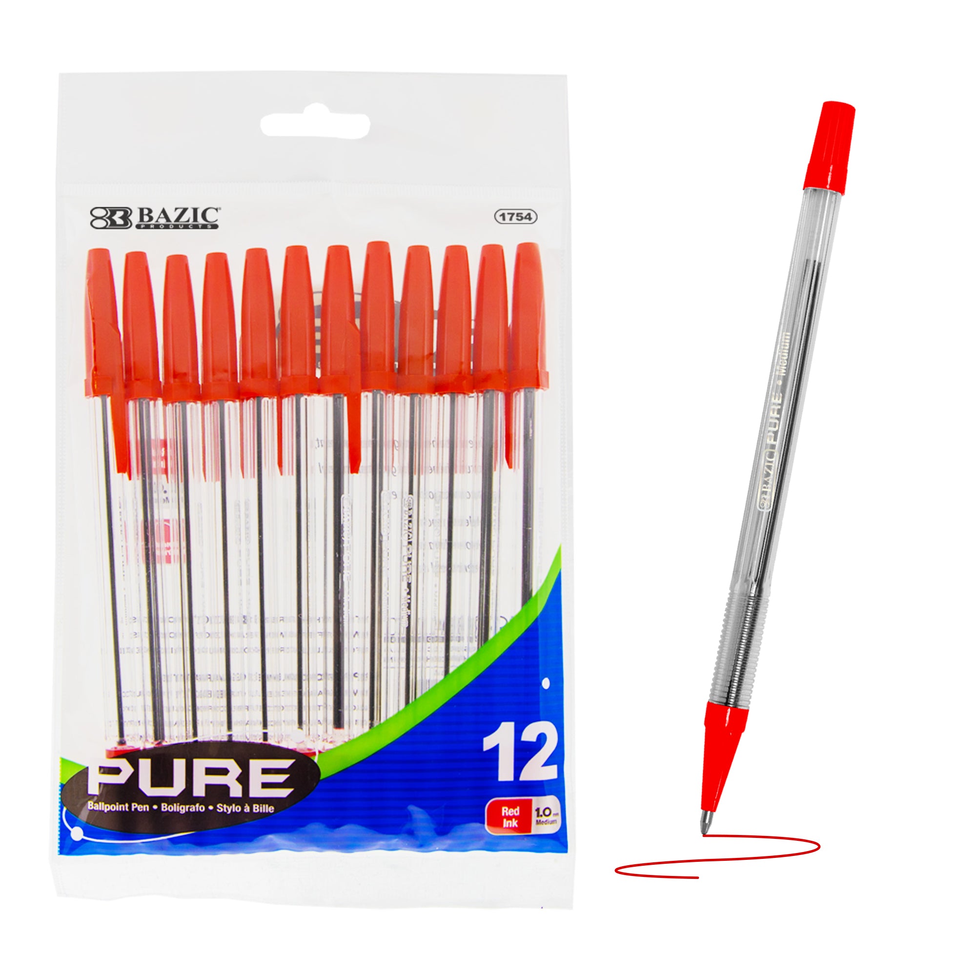 Pure Red Stick Ballpoint Pens, 1.0 mm Medium, 12 Count