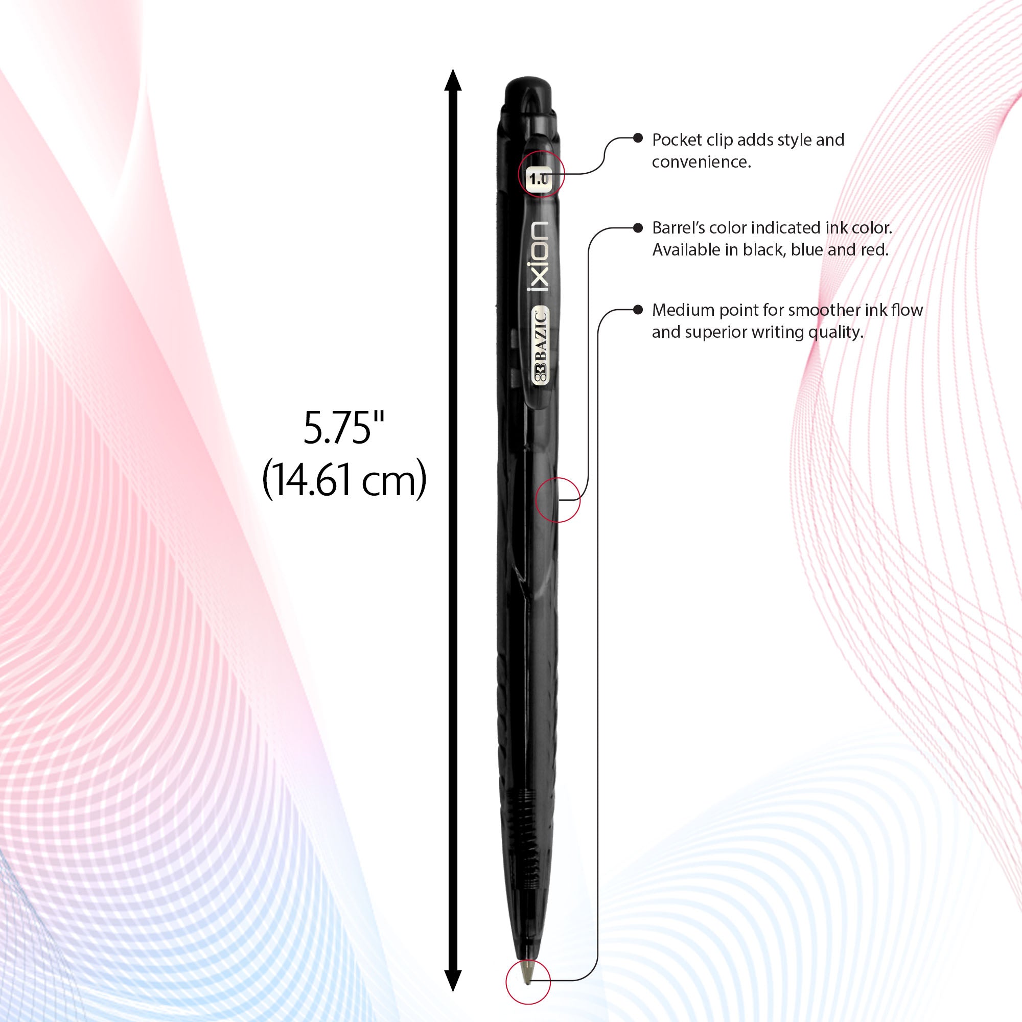Assorted Retractable Ballpoint Pens, 5 Count, 1.0 mm Medium