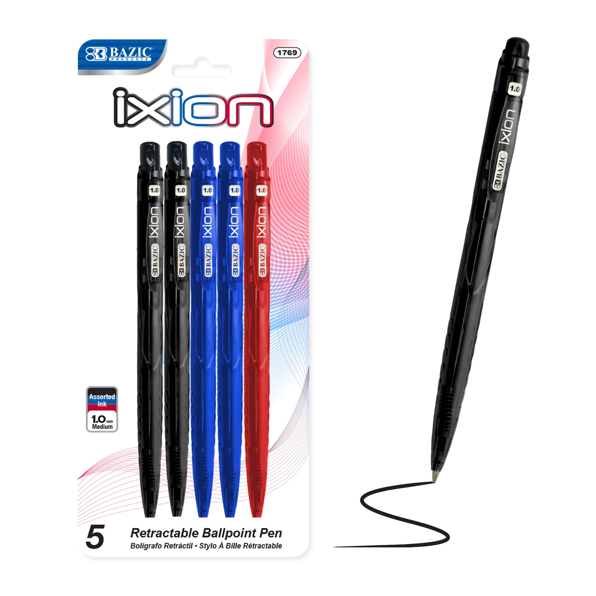 Assorted Retractable Ballpoint Pens, 5 Count, 1.0 mm Medium