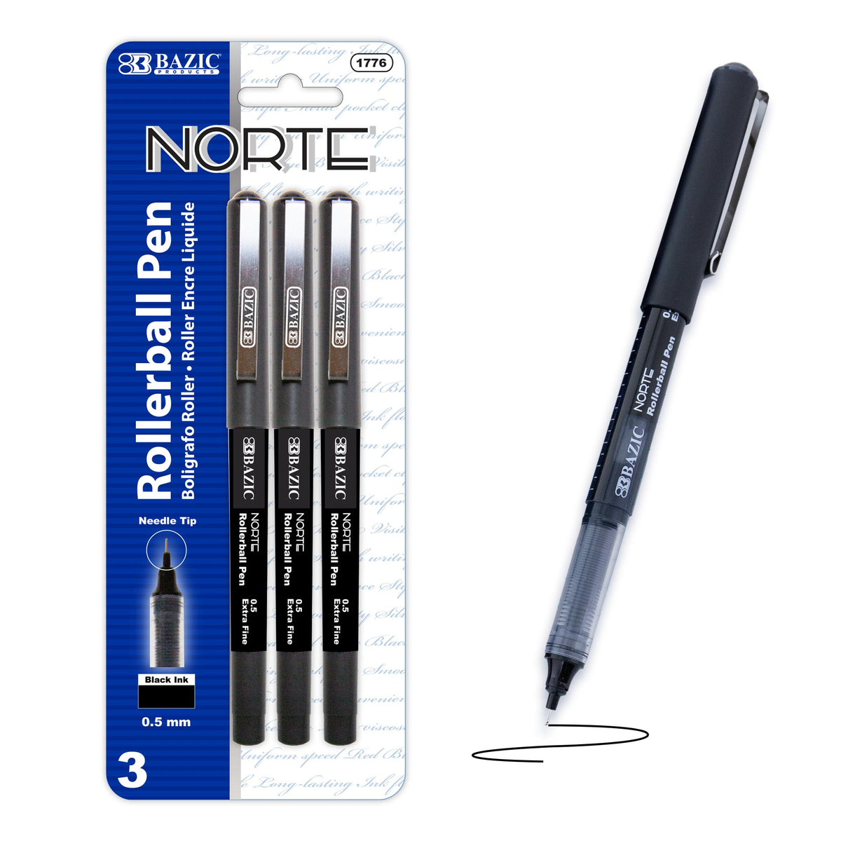 BAZIC Norte Black Needle-Tip Rollerball Pens, 0.5mm