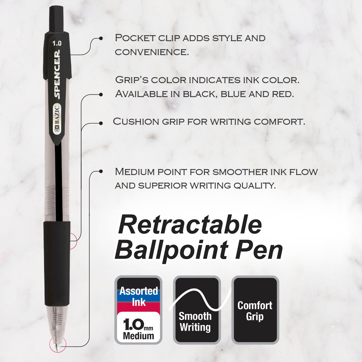 Spencer Assorted Ink Retractable Pens, Cushion Grip