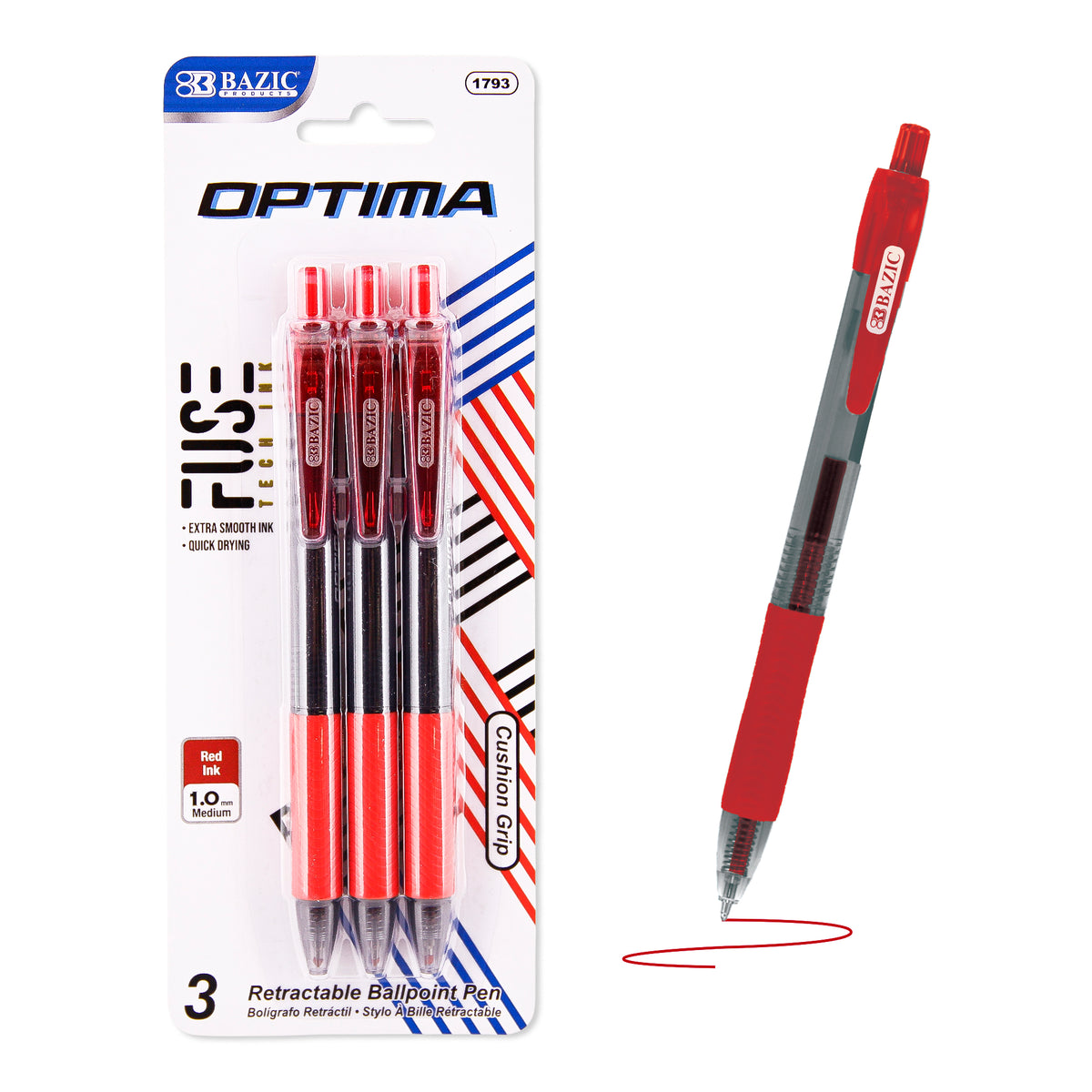 Optima Red Retractable FUSE Tech Pens, Grip, 1.0mm