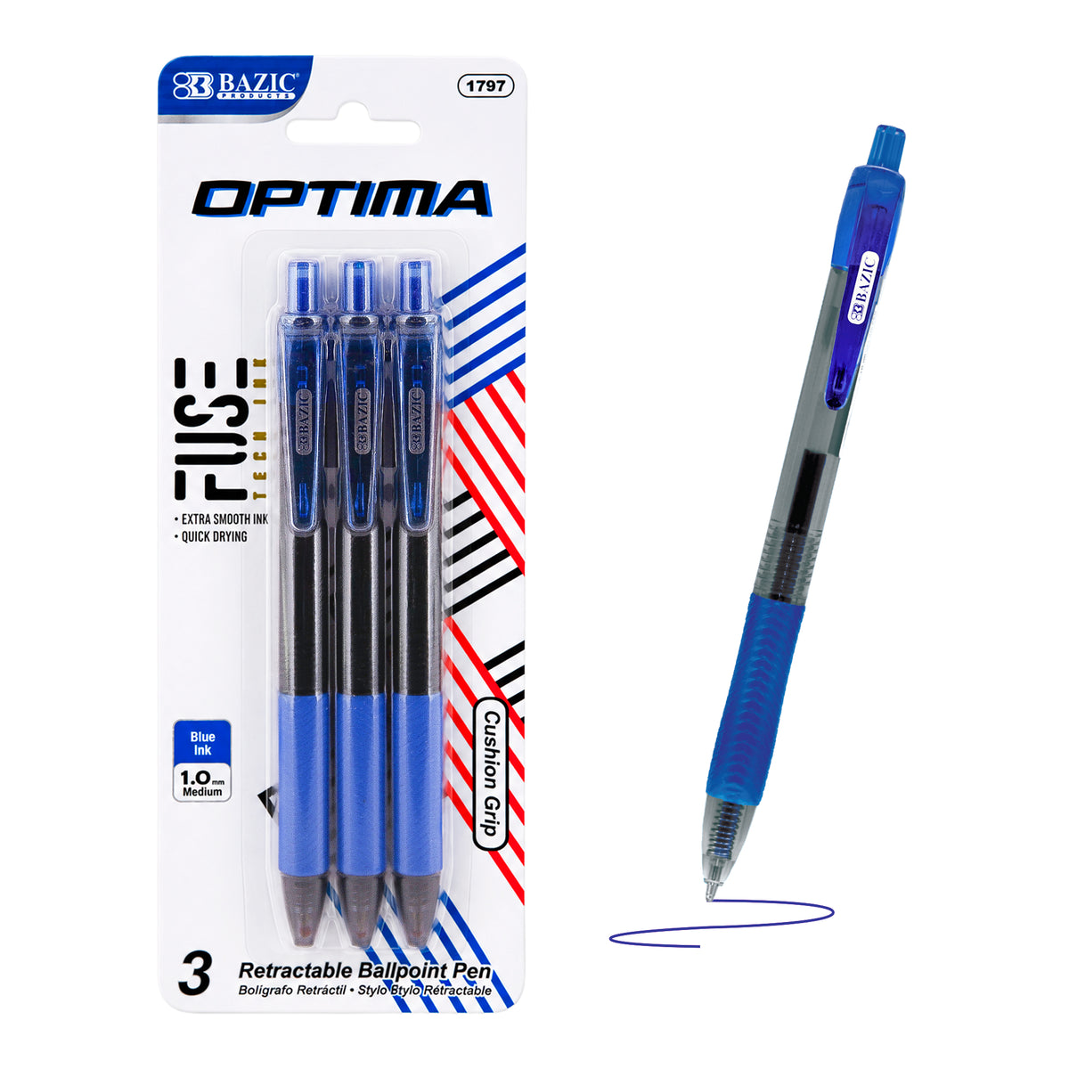Optima Blue Retractable FUSE Tech Pens, Grip, 1.0mm